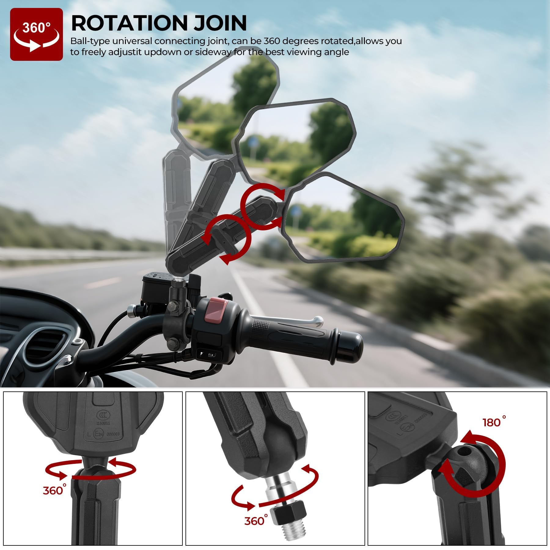 Heart Horse 7/8" 22mm Retroviseurs Moto E-mark Homologué, Retroviseur Moto Embout de Guidon avec Filetés M8 M10, Rétroviseurs de Moto Rabattable Guidon Moto pour Enduro Aventure Scooter Quad ATV