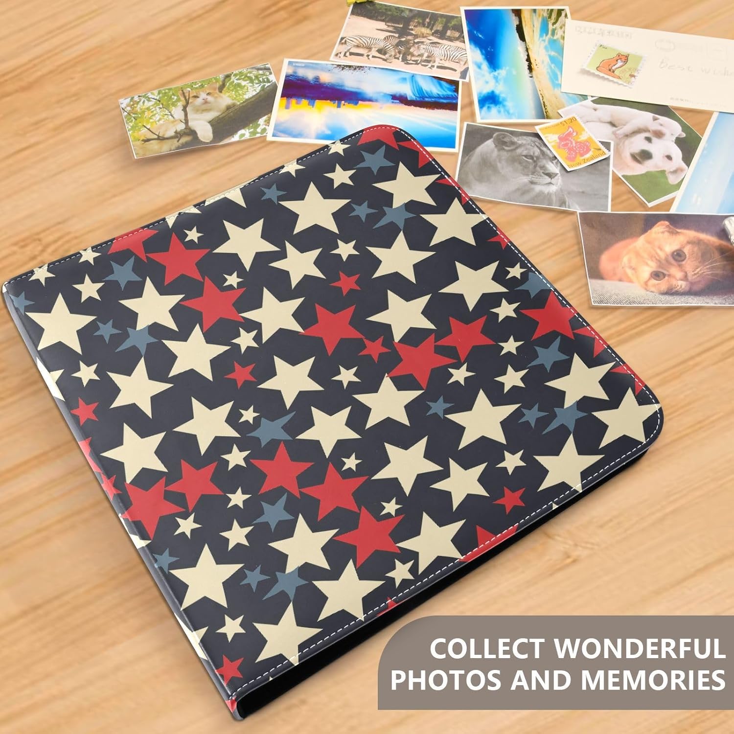 JIPONI The Usa Stars Large Photo Album, DIY Leather Cover Scrapbook Albums for 4x6 5x7 6x8 Pictures, Self Adhesive Memory Book for Wedding, Baby, Family