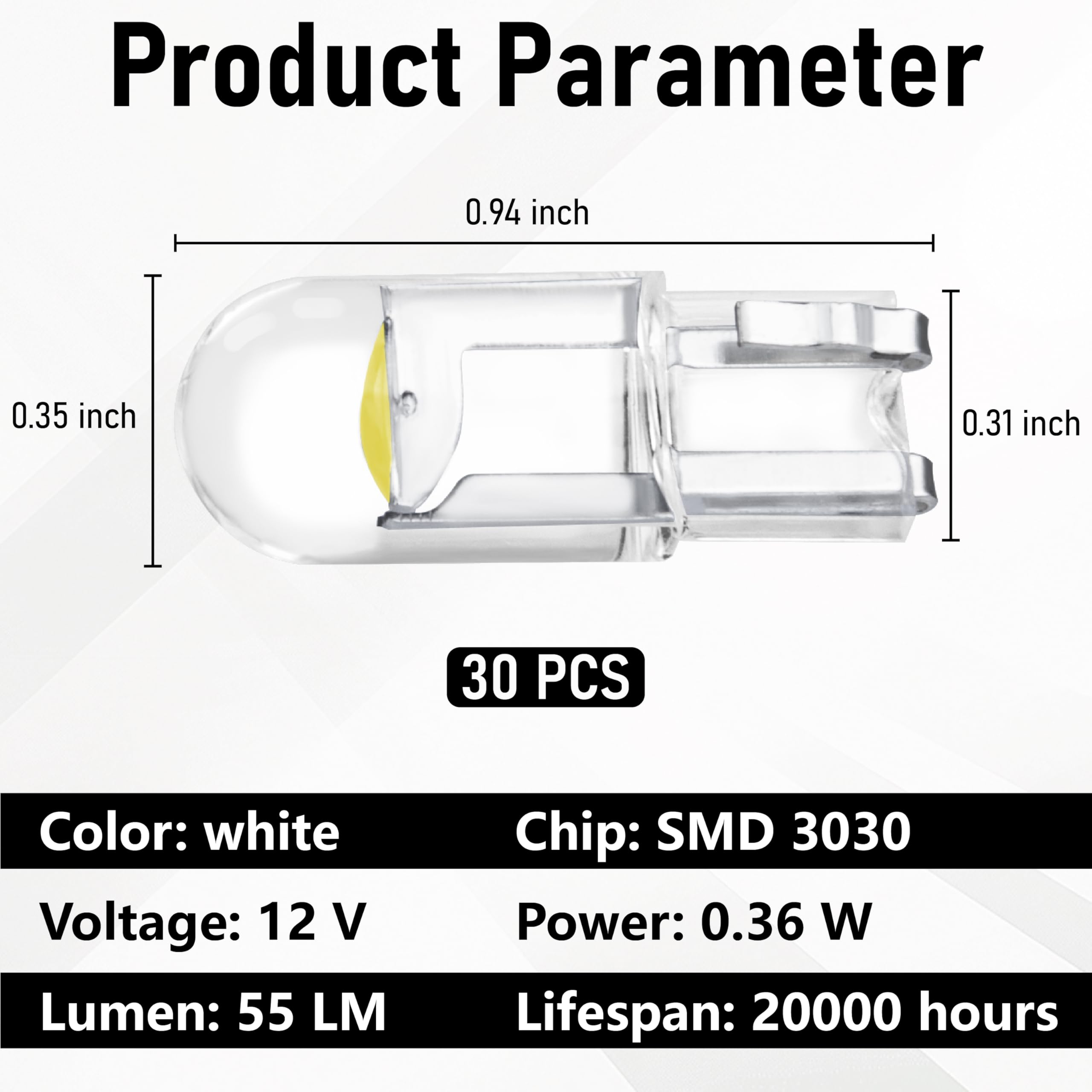 30 PCS Car 194 LED Bulbs 168 2825 W5W T10 Wedge COB LED Replacement Bulb 6000K License Plate — view 2