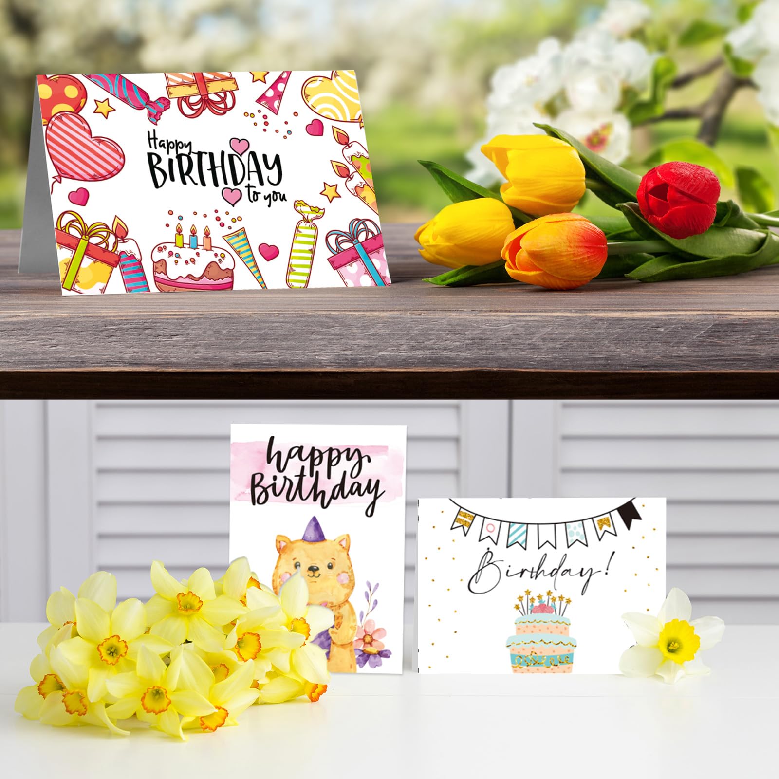 Biglietti assortiti di buon compleanno, set da 100 biglietti di compleanno unici con buste, adesivi con sigillo dorato, calendario di compleanno, scatola regalo di compleanno con messaggio