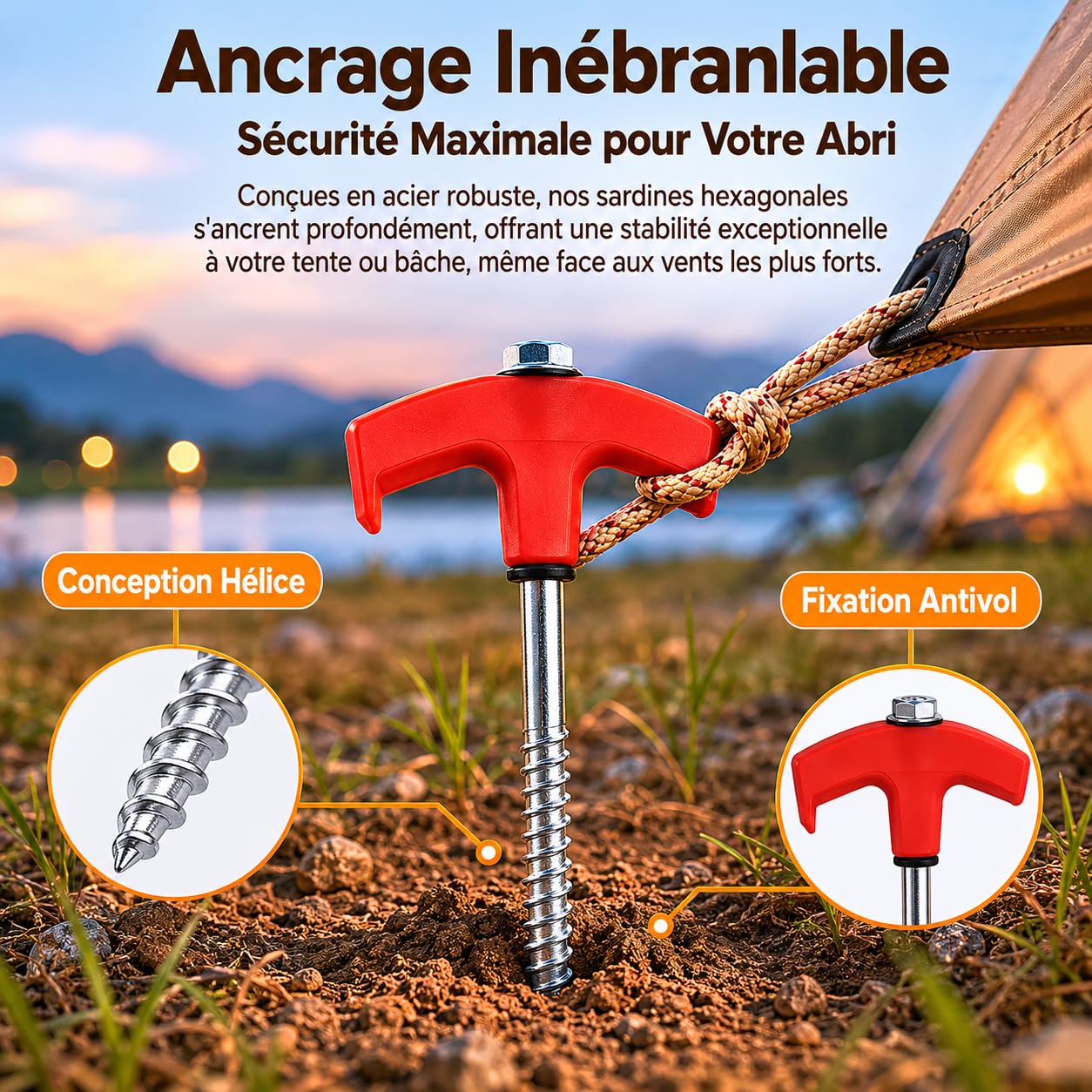 12 pièces Piquet ancrage en Acier 25 cm, Sardines Tente hexagonales renforcées avec Sac Rangement, piquets d'ancrage pour Tente familiale, 16 pièces