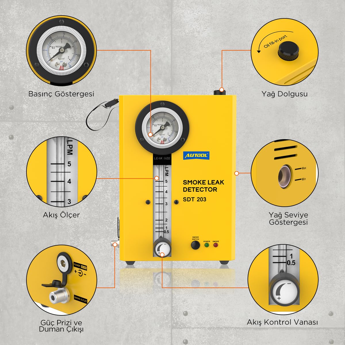 AUTOOL SDT203 Machine à Fumée Automobile, Système EVAP Détecteur de Fuite de Fumée avec Pompe à Air/Indicateur de Débit/Manomètre pour Véhicules DC12V