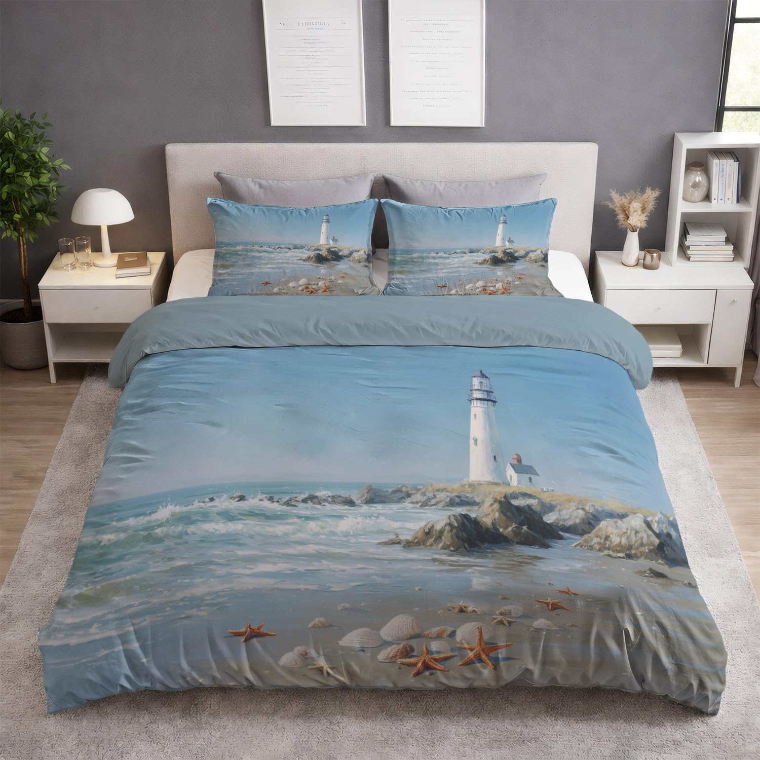 Juego de Funda Nórdica Azul Cielo con DiseñO Fotografía Realista Faro Amanecer Conchas Tranquilo, Tejido Suave y Transpirable, TamañO 220 x 240 cm - Ropa de Cama con Cremallera