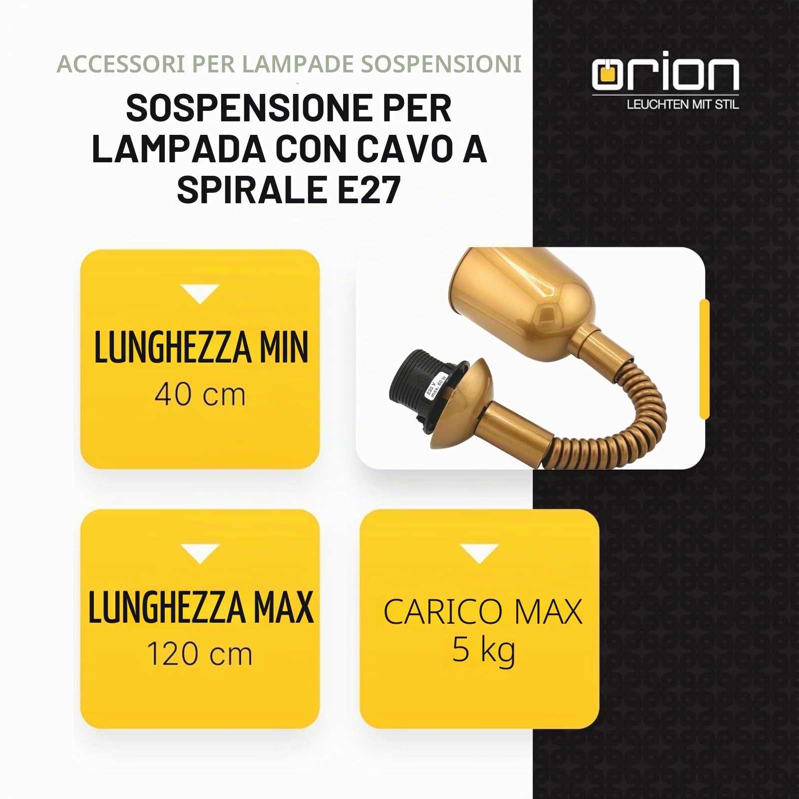 ORION LIGHTSTYLE Lampadario a sospensione con cavo a spirale, lunghezza 400-1200 mm, attacco E27 con anello a vite, carico massimo 5 kg, pendolo a traino, plastica, oro
