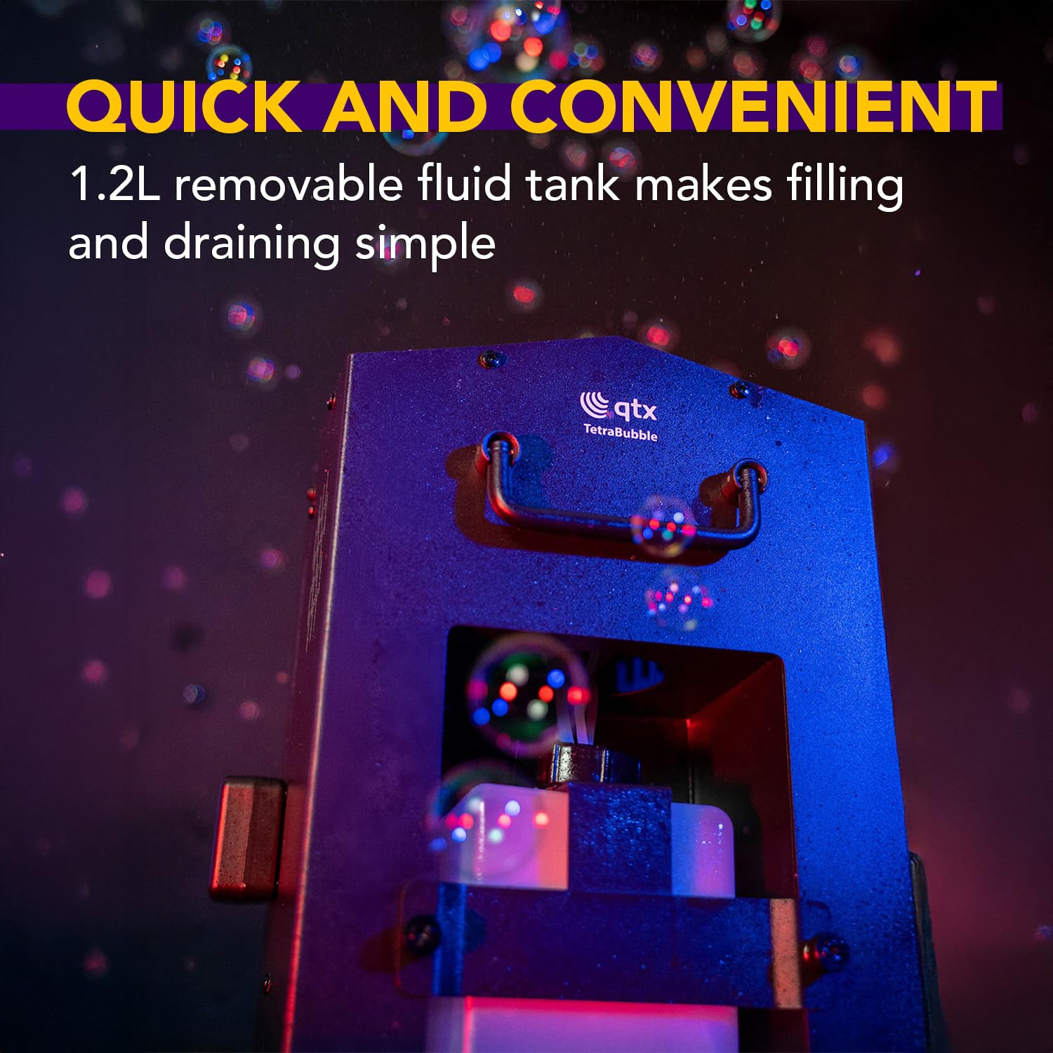 QTX Tetra Seifenblasenmaschine | Professioneller Hochleistungs-4-Rad-Bubble-Maker mit kabelloser Fernbedienung und 1,2 l Tank | Tragbarer Seifenblasengenerator für Partys, Hochzeiten, Veranstaltungen