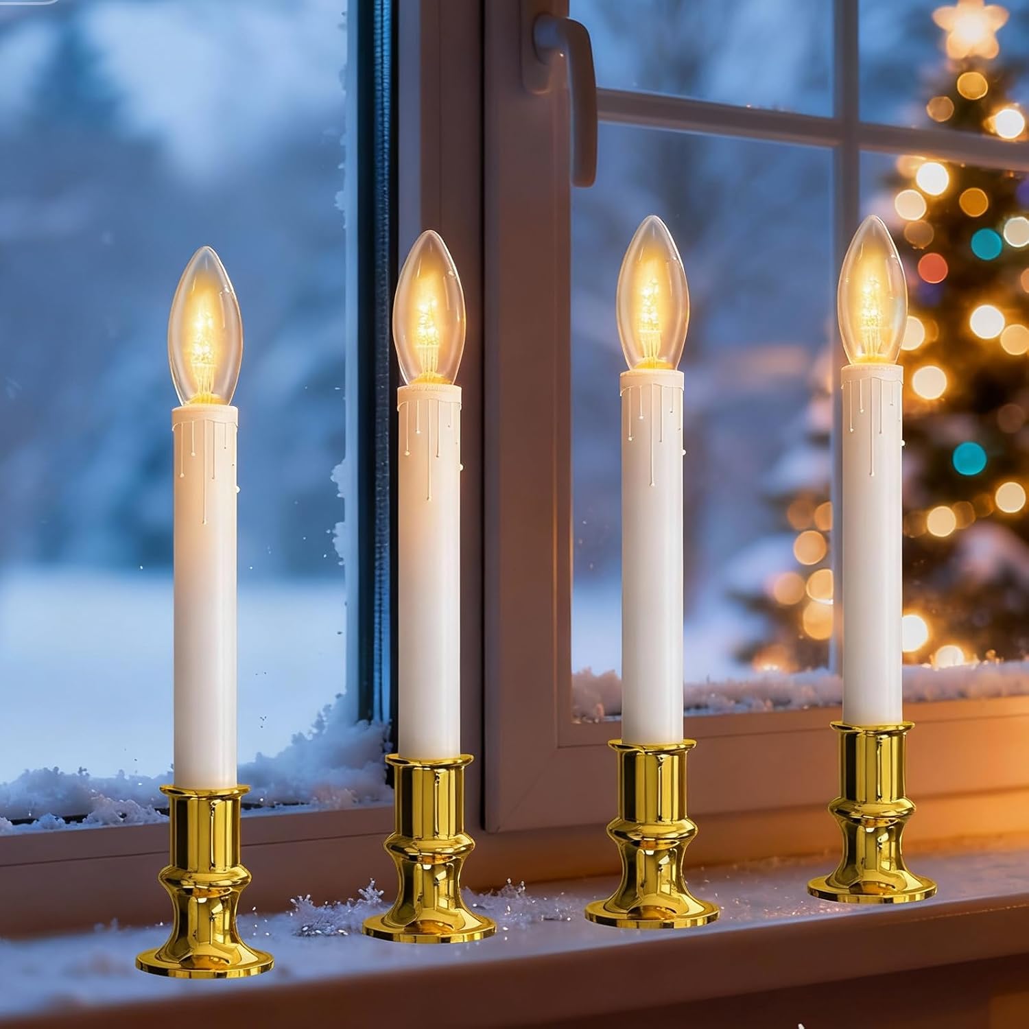 4 Pack Christmas Window Candle Lamps, Battery Operated Window Candle Lights with Automatic Timer and C26 3V LED Bulbs Candlestick for Indoor Windows Table Decor, 4 Suction Cups