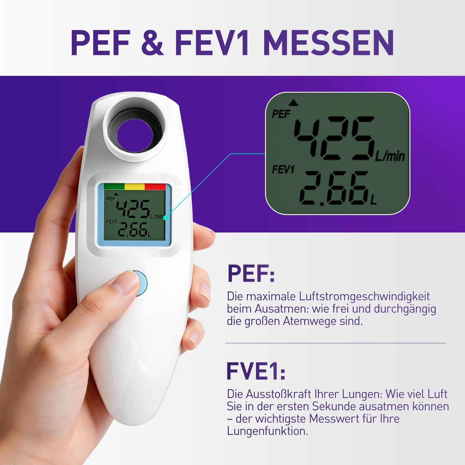 Peak Flow Meter, Kein Bluetooth, für Asthma COPD, PEF & FEV1, Risikoanzeige | LCD-Display, zur Überwachung der Lungenfunktion, Papier Tagebuch Formular, AAA-Batterien betriebe, Digitales Spirometer