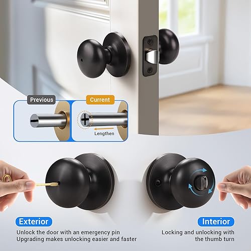 Miniatura 3 de KNOBWELL - Pomo de acero macizo con diseño de bola antigua y cerrojo de seguridad interior para puerta de bodega, dormitorio y baño, 5766