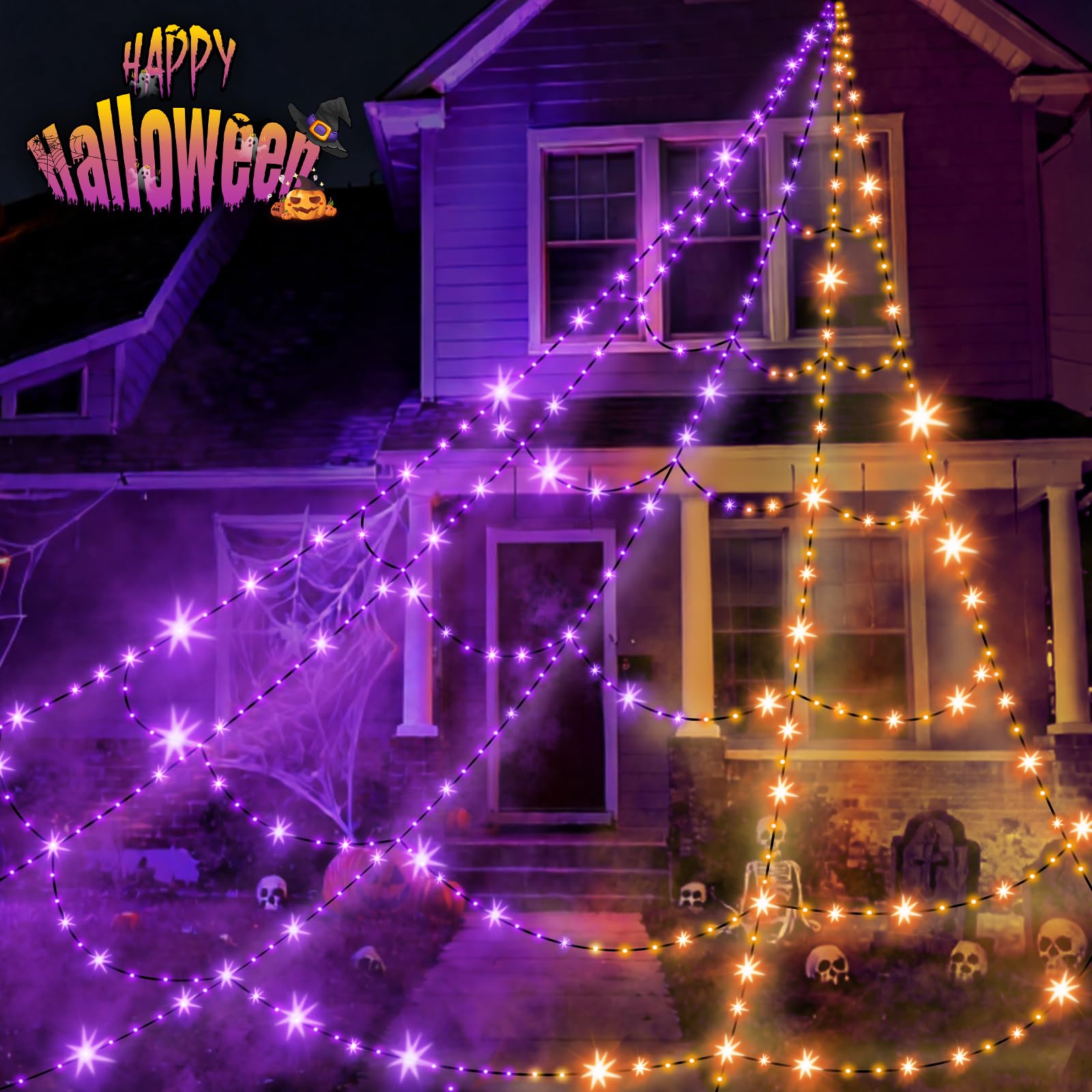 Halloween Decorations Outdoor Spider Web Lights with Giant Cobwebs