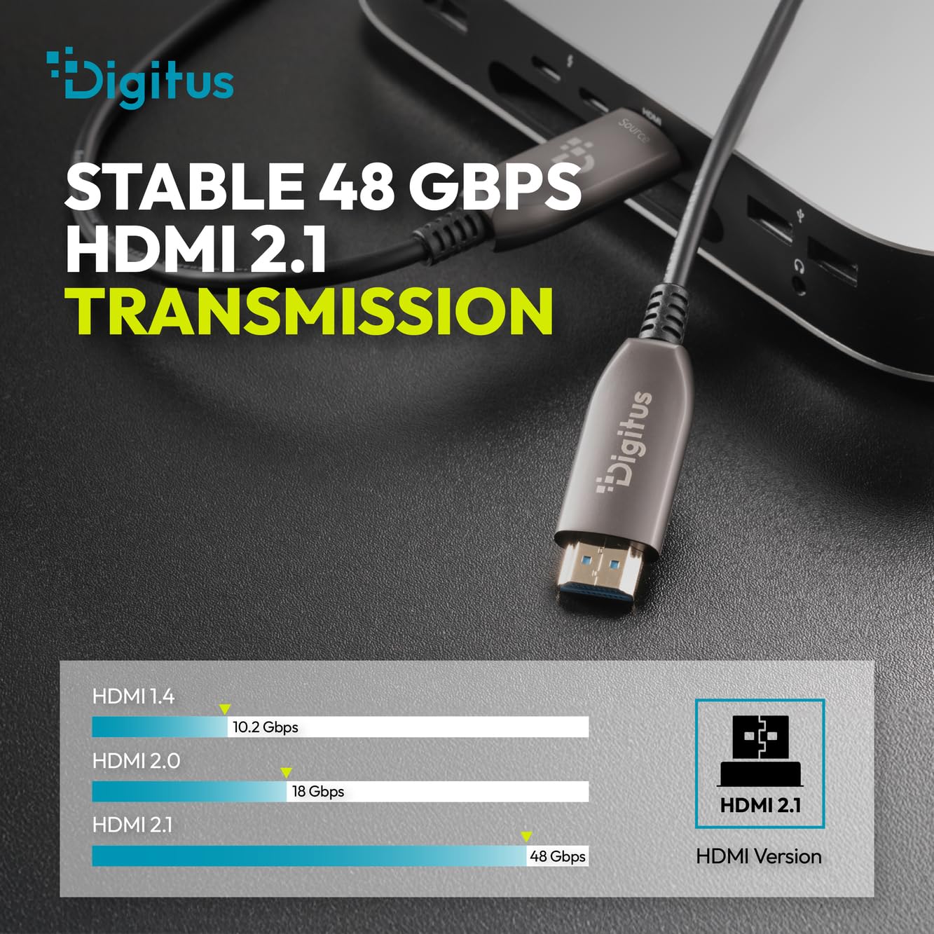 DIGITUS Cable HDMI de fibra óptica – 100 m – UHD 8k 60 Hz 4k 120 Hz | HDMI 2.1 – 48 Gbps – eARC, HDR, HDCP 2.2, CEC – Cable híbrido AOC – Cable HDMI de FO – Negro