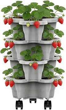 Strawberry Growing Tower Planter - Vertical Stackable Weatherproof Multi-Tier - Strawberry Flower Pot Tower Shape | Garden Farm Patio Balcony Lawn Home Apartment