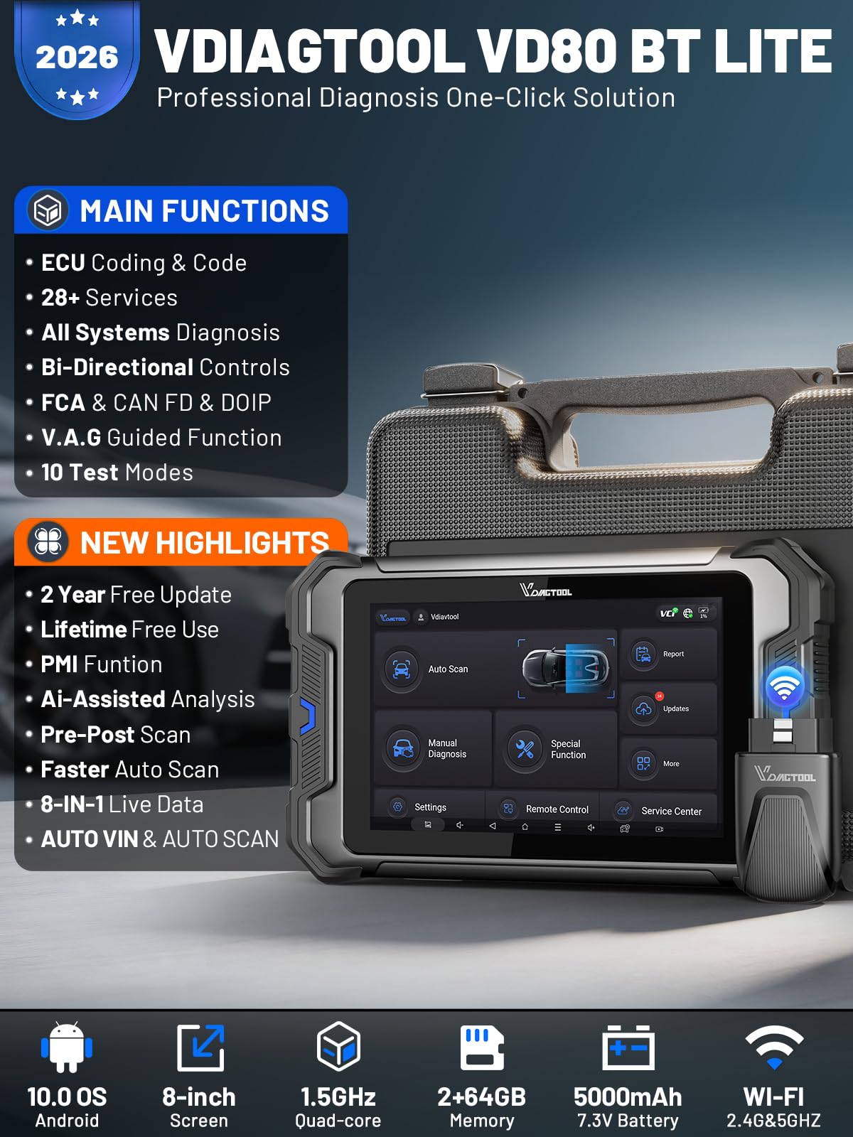 Valise Diagnostic Auto VDIAGTOOL VD80BT Lite, OBD2 Diagnostic Voiture Bidirectionnel et 28+ réinitialisations, Boitier OBD Complet du Système FCA Can FD et DoIP, ECU Codage, Màj Gratuite 2 Ans