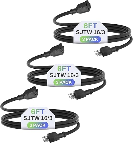 Vista 38 de BN-LINK Paquete de 2 cables de extensión para interiores y exteriores de 10 pies 16/3 SJTW, negro, 3 puntas, resistente a la intemperie y ignífugo