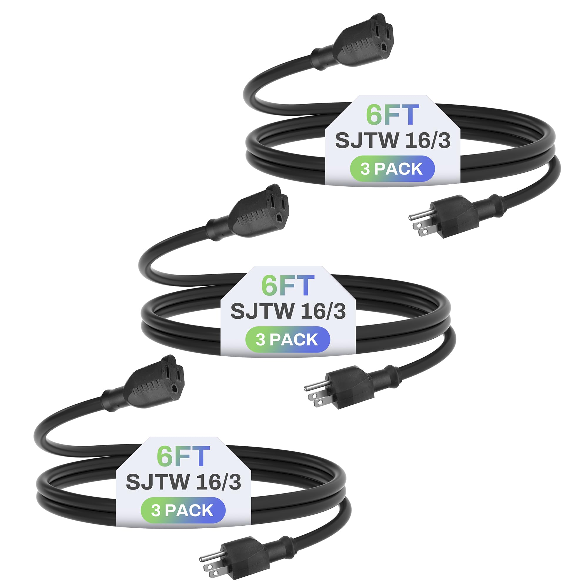 BN-LINK Cable de extensión para interiores y exteriores de 6 pies, 16/3 SJTW, paquete de 3, negro, 3 puntas, resistente a la intemperie y ignífugo, para interiores, jardín, paisajismo y decoraciones