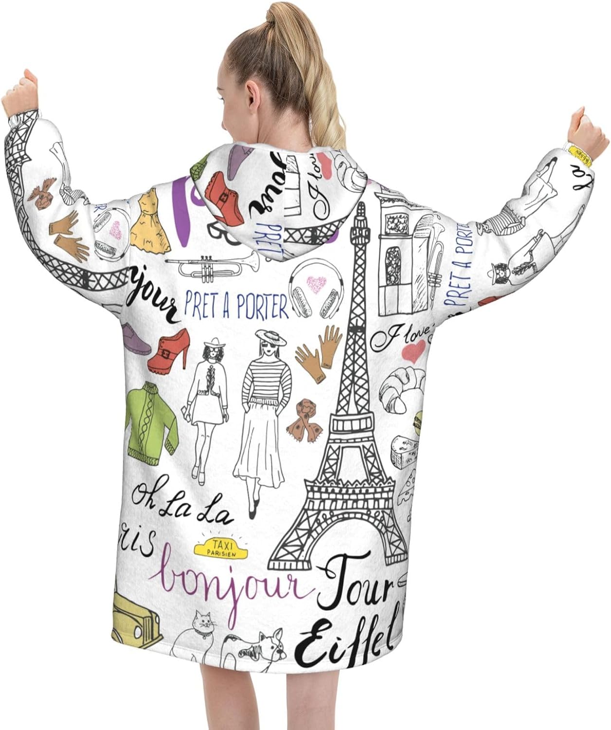 French Paris Tour Eiffel Towerprint Oversized Hoodie Blanket, Super Soft Warm Comfortable Hoodie, Wearable Blanket Adult