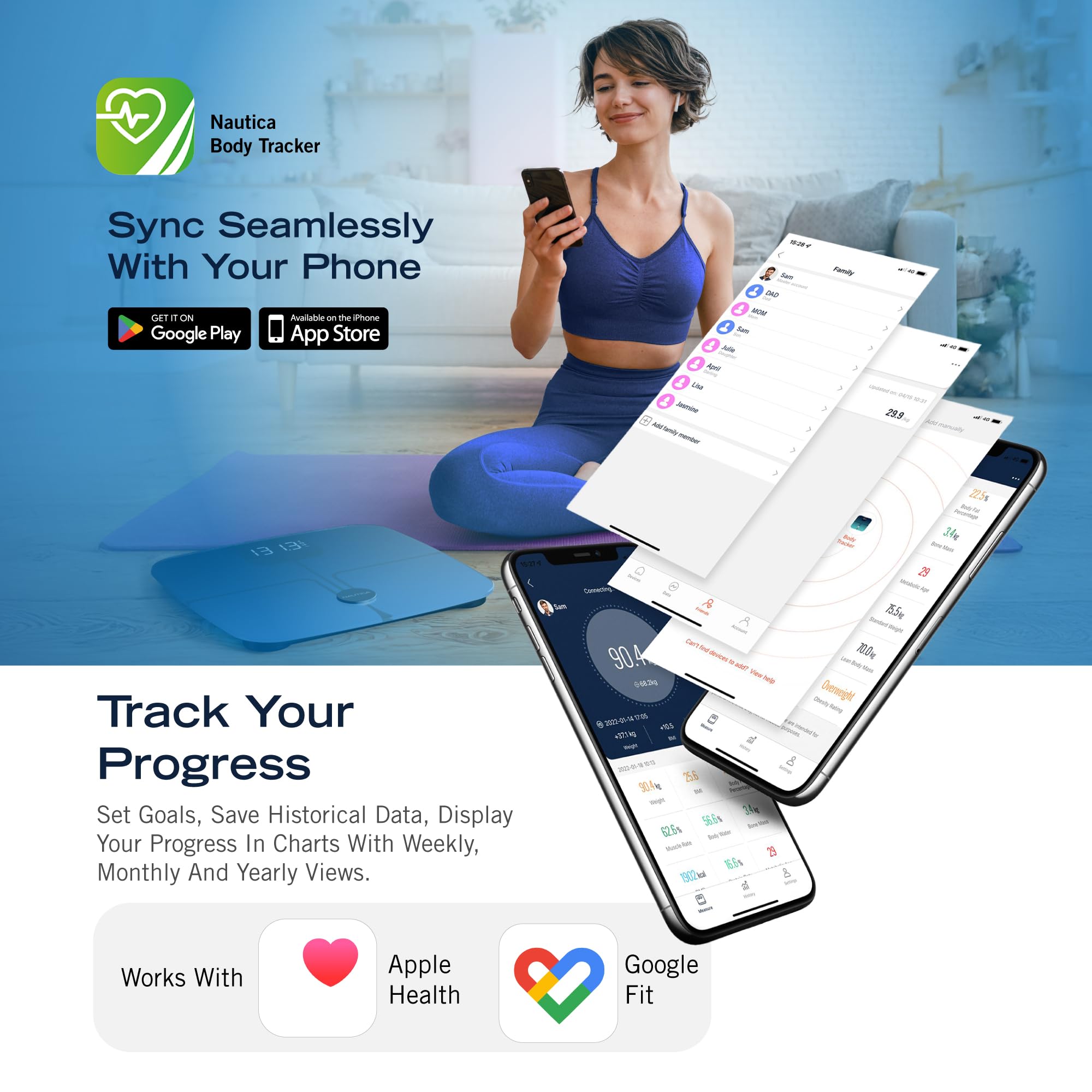 NAUTICA Smart Scale Plus ITO Technology, bilancia per grasso corporeo con display digitale a LED, analizzatore di tutto il corpo, tracker digitale, Bluetooth Wi-Fi