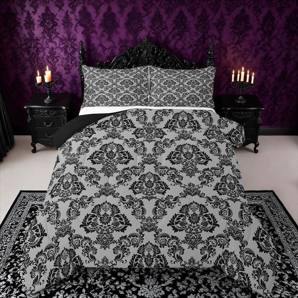 jejeloiu Adults Black Boho Damask Comforter Set Queen Size Vintage Victorian Baroque Floral Bedding Set for Boys Girls Teens Halloween Theme Duvet Quilt Room Decor