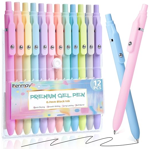Gel Pens, 12 Pcs Black Ink Pens 0.7mm Medium Point| Quick Dry No Smudge, Smooth Writing, Retractable Cute Aesthetic Pens for Journaling Note Taking School Office Supplies