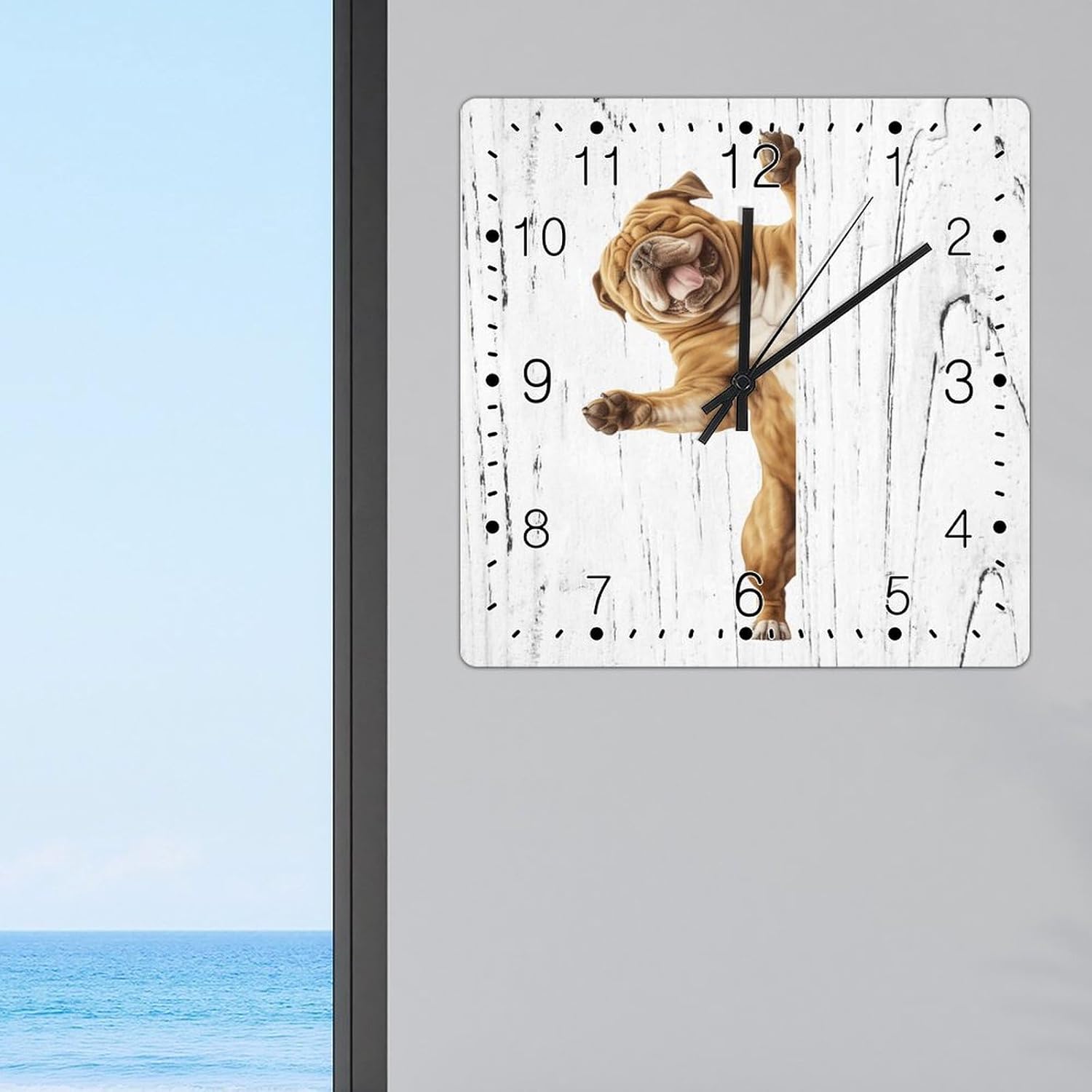 Pug Clock for Wall Pug Dog Peeking ASquare Corner Clocks Battery Operated Silent Art Clocks Funny Dog Animal Wooden Clock for Bathroom Bedroom 12x12in Housewarming Gift