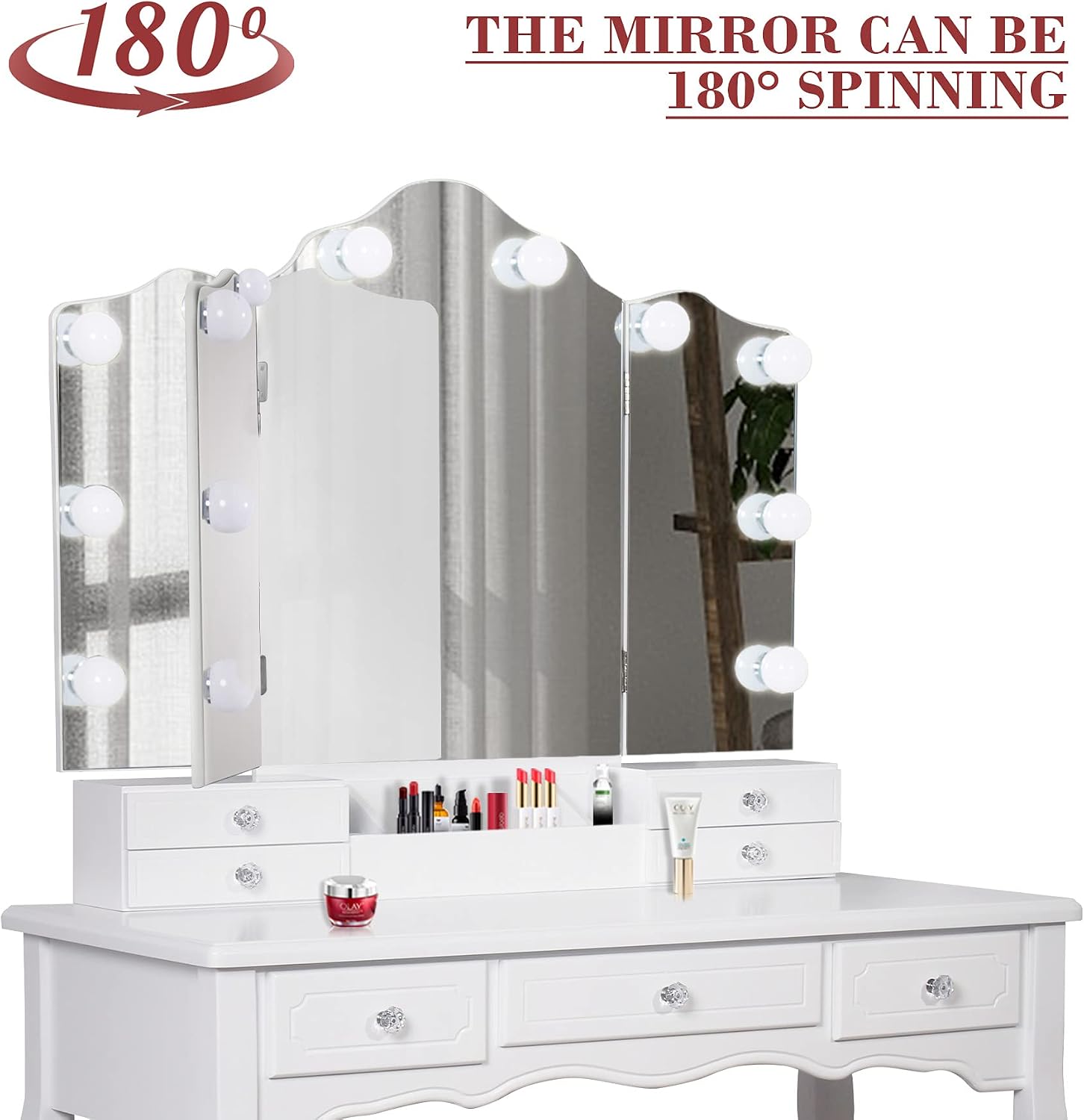 SCYL Color Your Life Tri Folding Mirror Vanity Table Set with 10 Hollywood LED Bulbs,Dressing Table with Cushioned Stool& 7 Storage Drawers for Girls Bedroom (White)