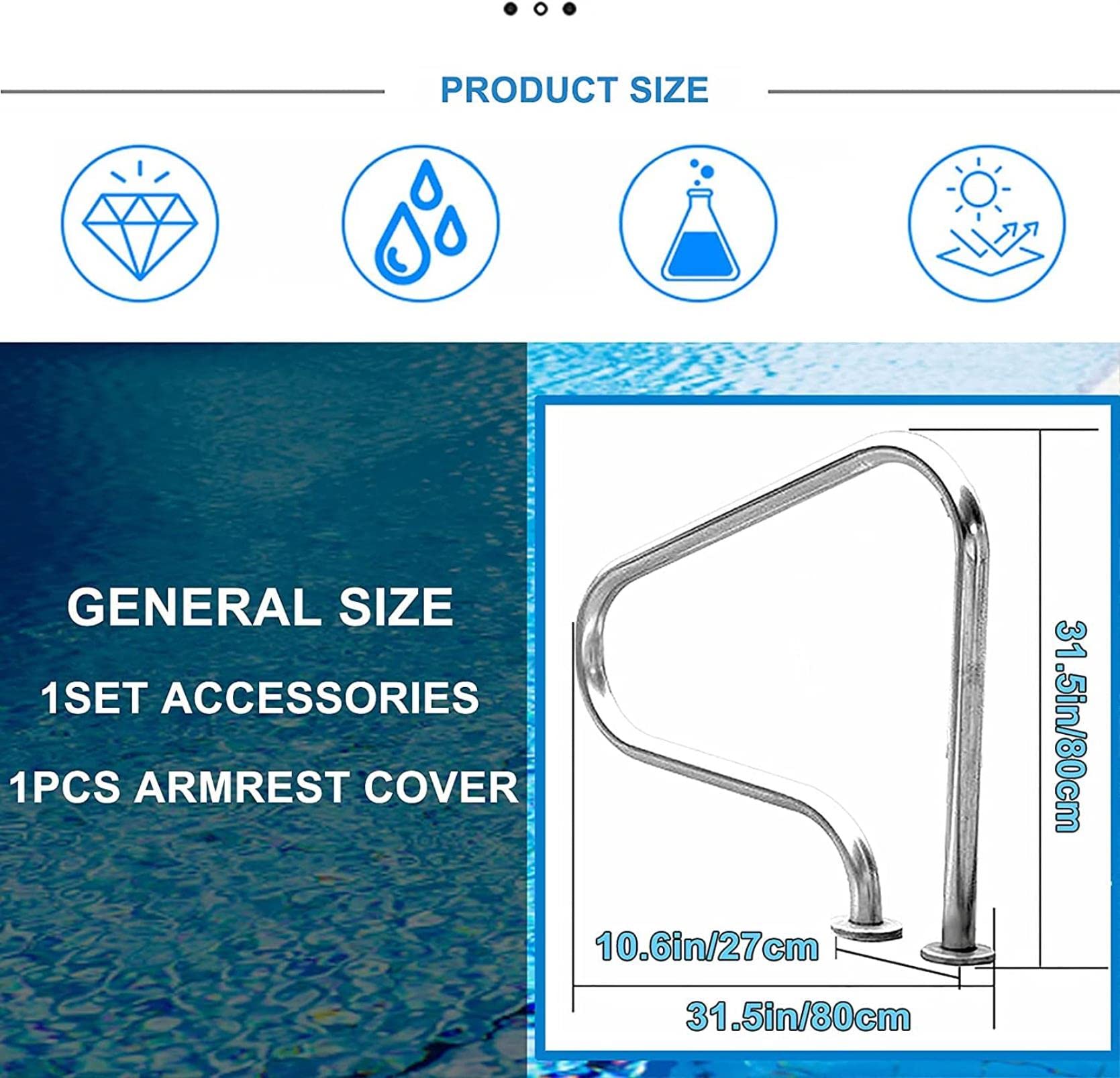 Pasamanos de Seguridad para Piscina Pasamanos de Seguridad Resistentes para Piscina Pasamanos de Mano de fácil Montaje Riel de Piscina de 31.5 "Barandilla de Piscina, Acero inoxida