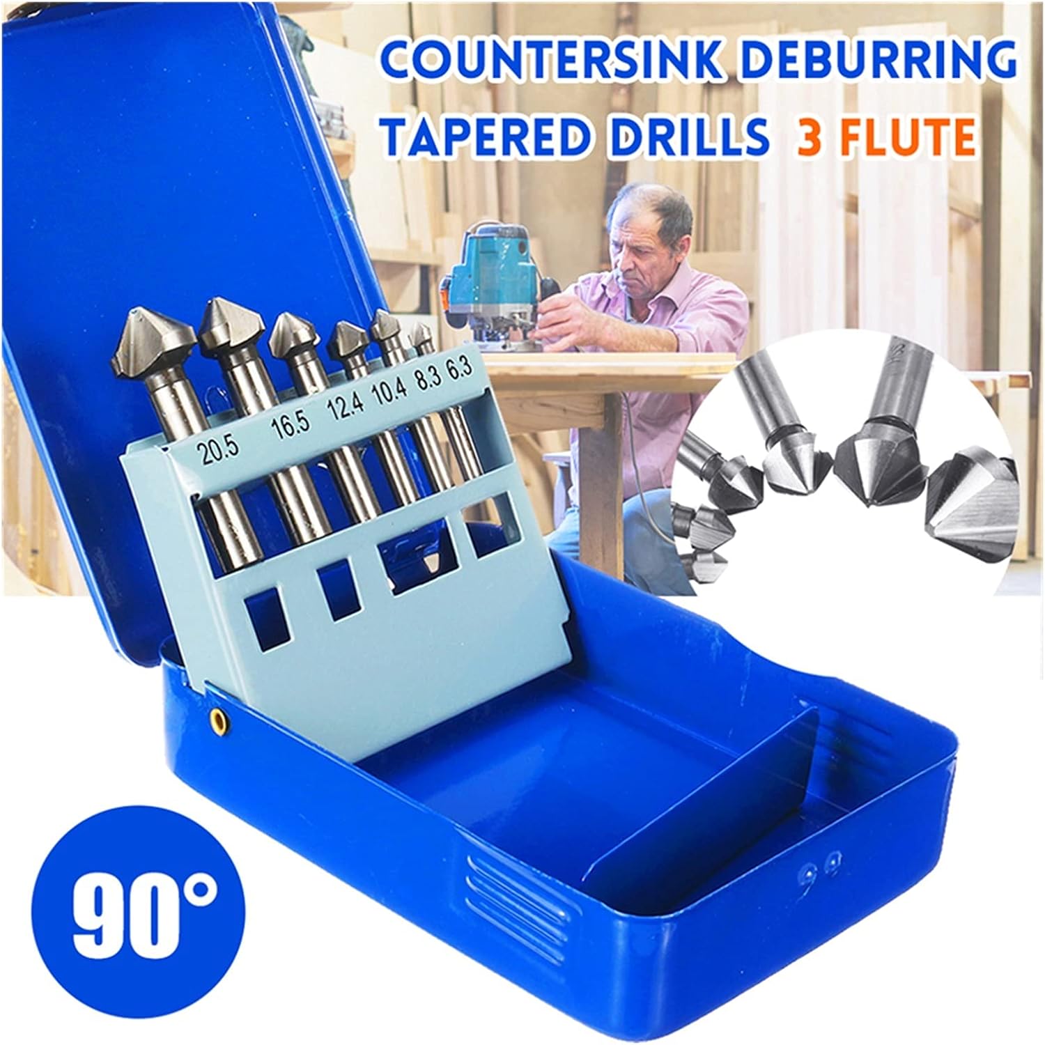 Milling Cutter Bit Rotating Bit 6 Pieces Of 3-blade 90 Degree HSS Titanium Chamfering End Mill Cutter Counter Hole Deburring Cone Drill Set 6.3-20.5m (Color : HSS With Box)