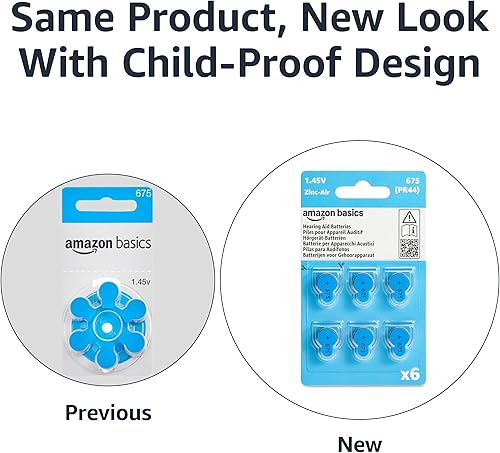 Vista 6 de Yaxa Basics 60-Pack Hearing Aid Size 675 Zinc-Air Batteries, 1.45 Volt, Blue Tab, 4-Year Shelf Life, Child-Safe Package (Use Scissors to Open)