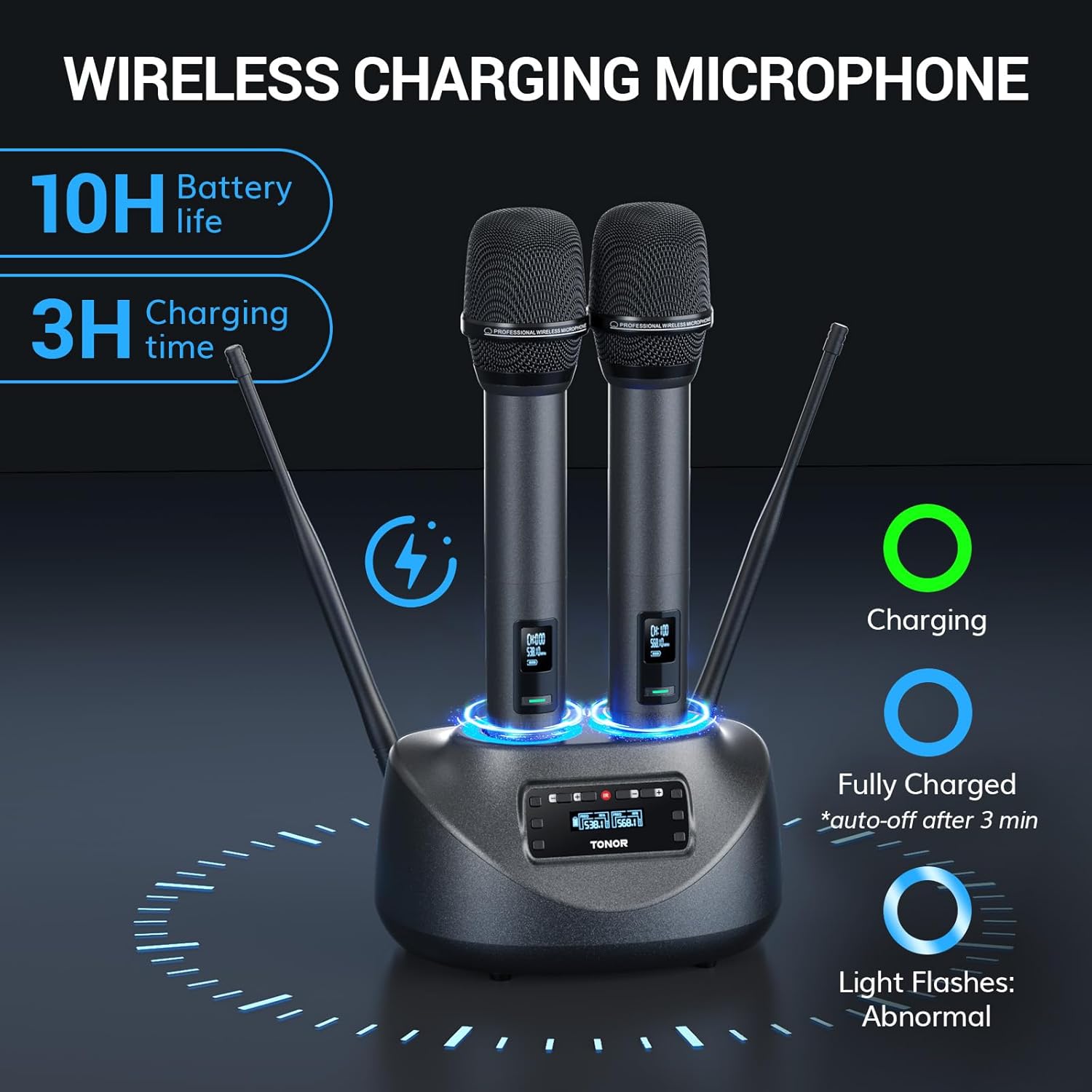 TONOR wireless charging microphone system with battery life and charging time details