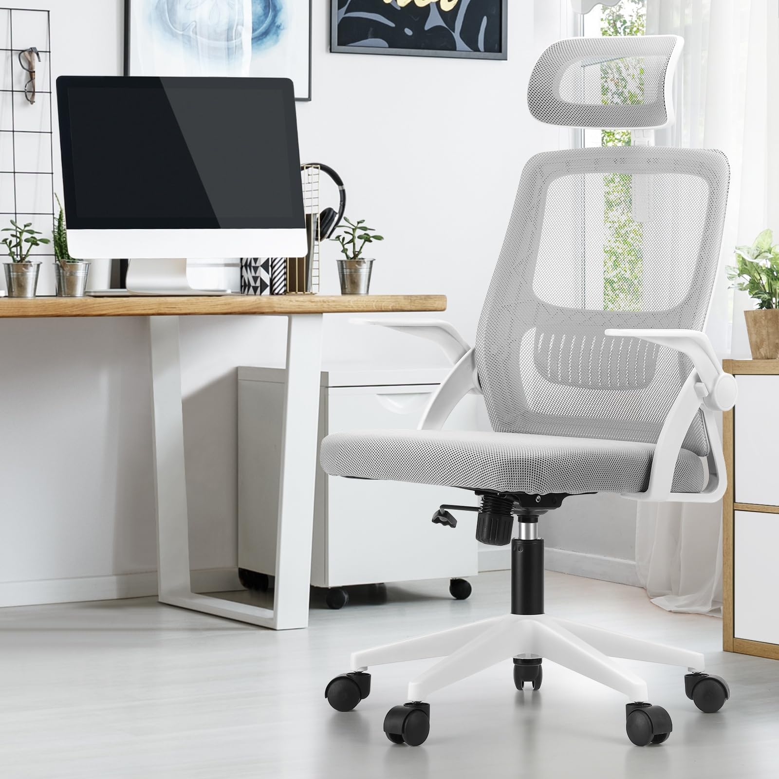 Oikiture Ergonomic Office Chair, Highly Breathable Home Office Chair with Removable Headrest, Retractable Armrest and Wide Tall Backrest, Computer Desk Chair for Office White - White