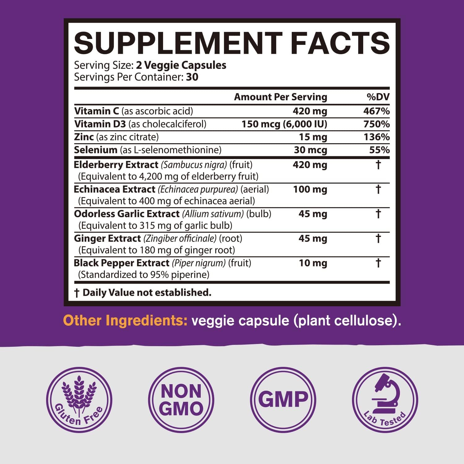Immune Support, Powerful Immune & Antioxidant Support, Elderberry, Zinc, VIT C, VIT D3, Echinacea, Ginger, Black Pepper, 9 in 1, Non-GMO, Vegetarian, 60 Veggie Caps