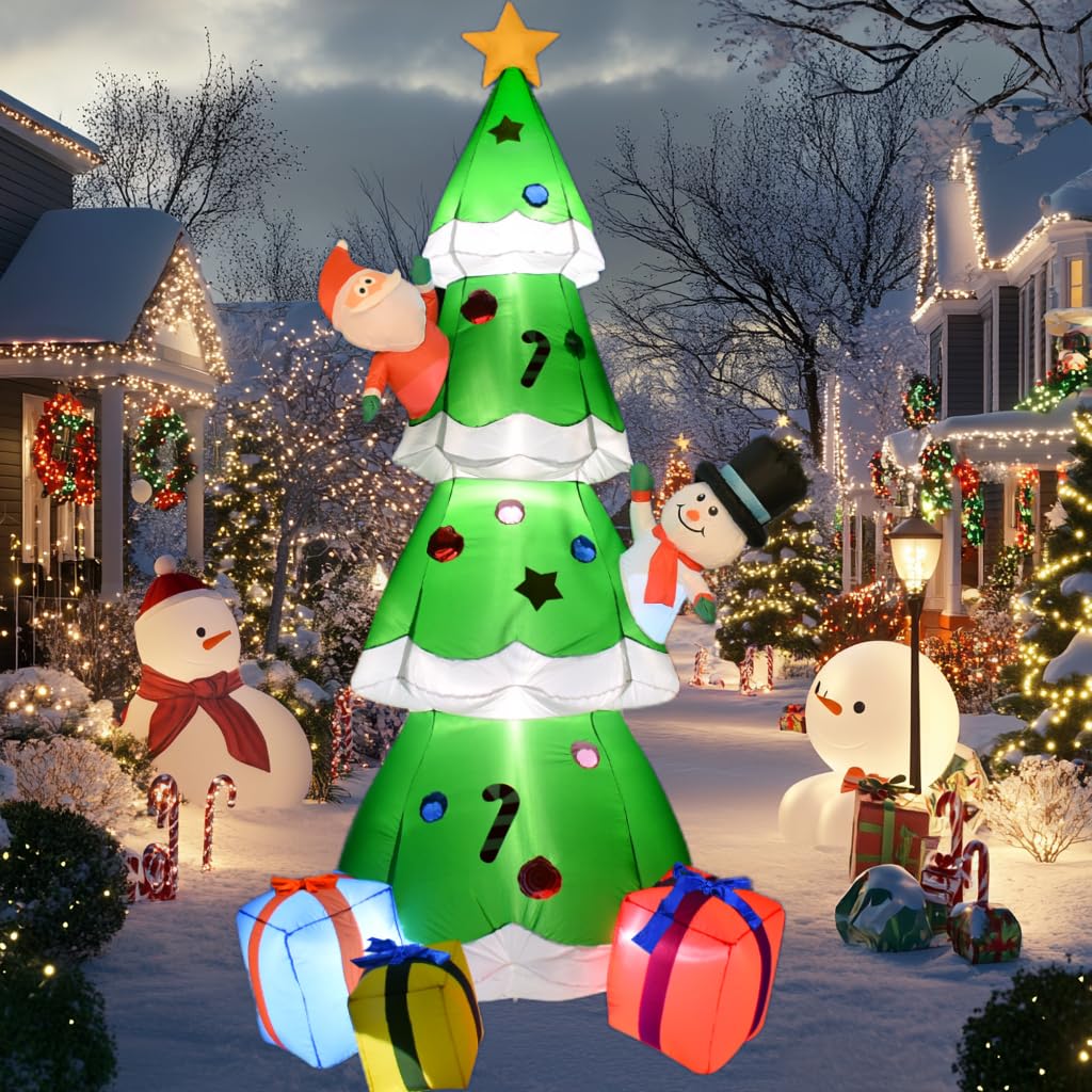 ZXSWONLY Sapin de Noël gonflable vert de 9 pieds avec lumières LED intégrées, décoration de Noël gonflable avec Père Noël et bonhomme de neige pour le jardin de fête de Noël