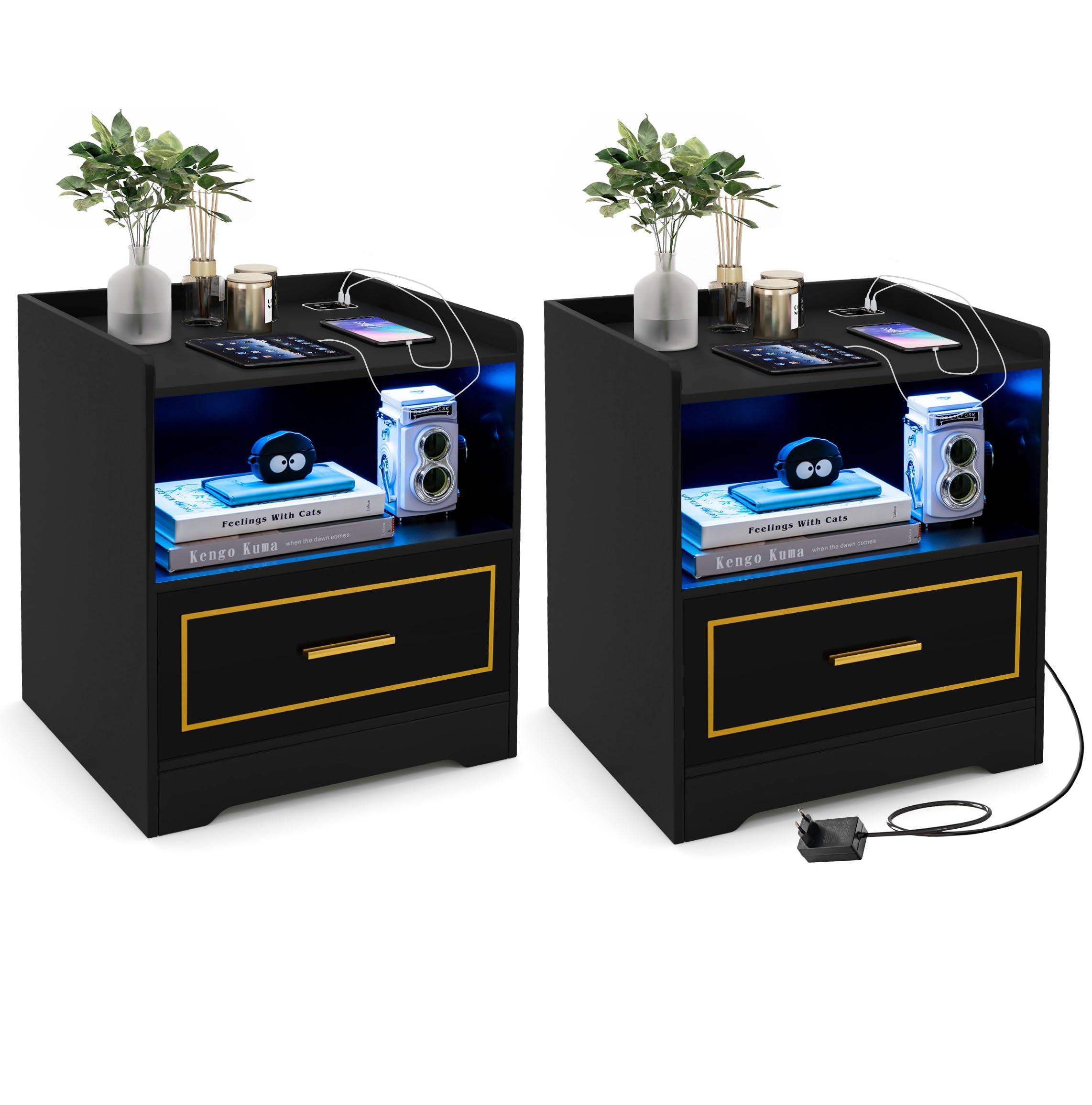GIANTEX Stolik nocny z oświetleniem LED, 3 kolory, oświetlenie, stolik boczny, zestaw 2 sztuk, stolik do sofy, stolik kawowy z czujnikiem ruchu, szafka nocna z portem USB i stacją ładującą Type-C