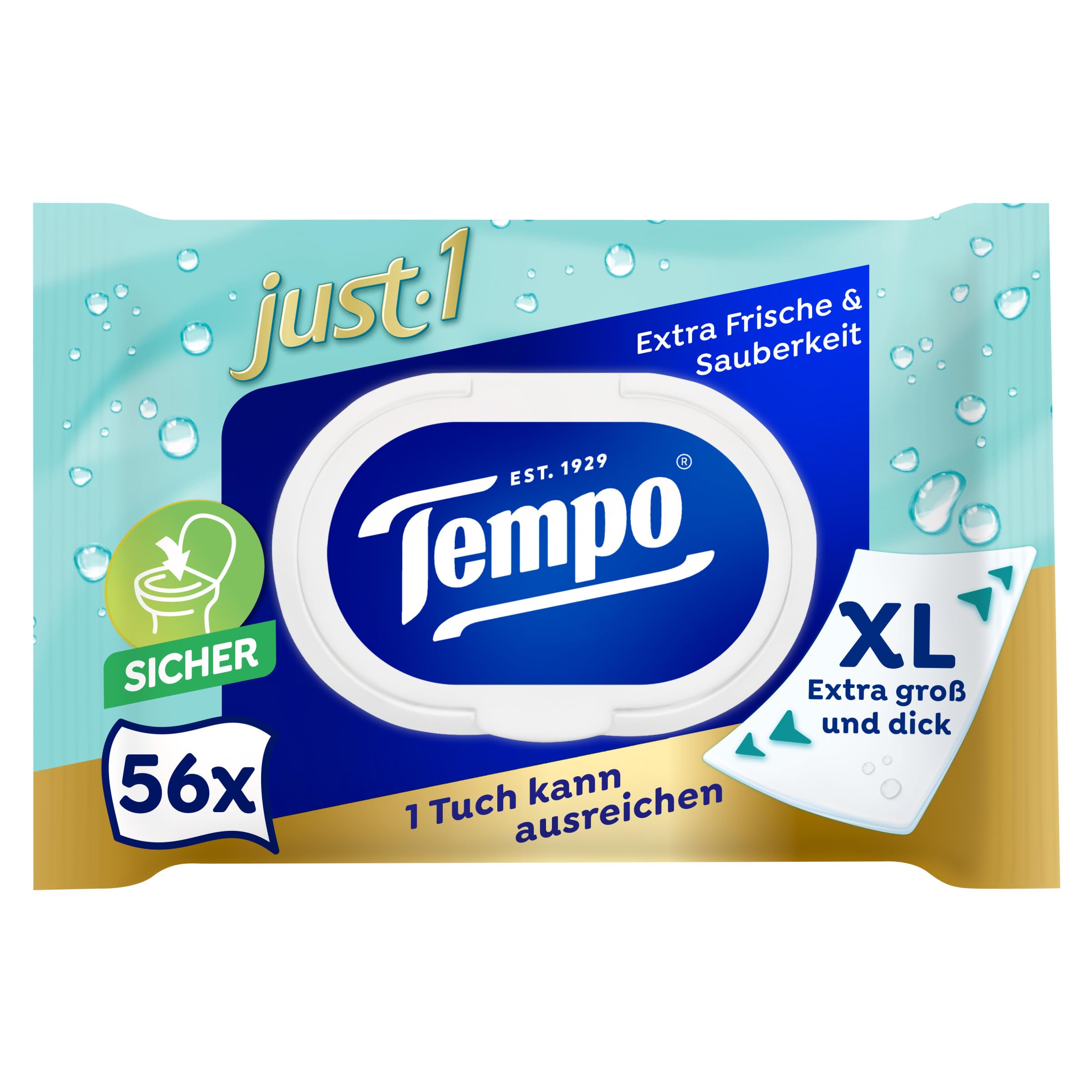 Tempo Feuchte Toilettentücher Just1, Premium, Übergroß, 56 Tücher pro Packung