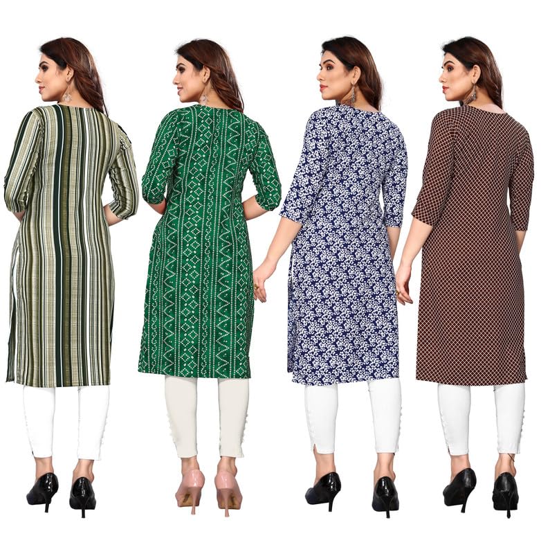 Image of JAKHANA Women's Crepe Printed Casual Straight Calf Length Round Nick Kurta Pack of 4