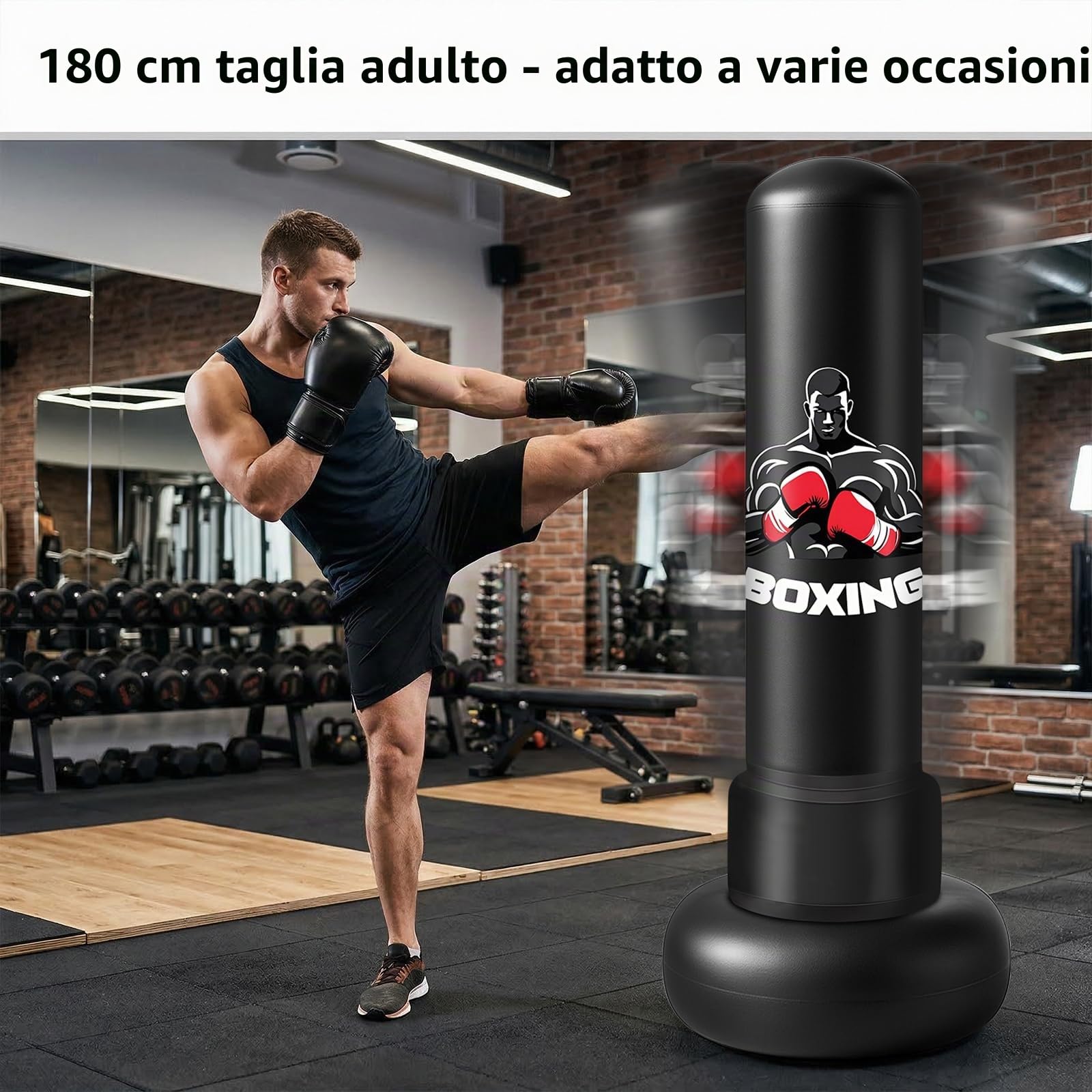 Sacco da Boxe Autoportante 180 cm, in PVC Rinforzato da 0.35mm Gonfiabile con Guantoni e Pompa Ideale per Adulti, Giovani, Arti Marziali, Fitness