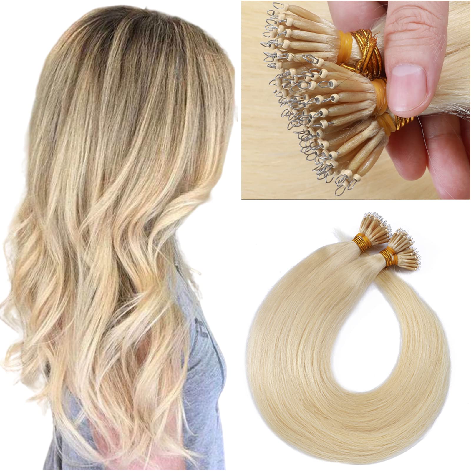 SEGO Extension Microring Capelli Veri Fili Anelli Invisibili 50 Ciocche - 50cm 50g 100% Remy Human Hair Balayage a Anellini #70 Bianco