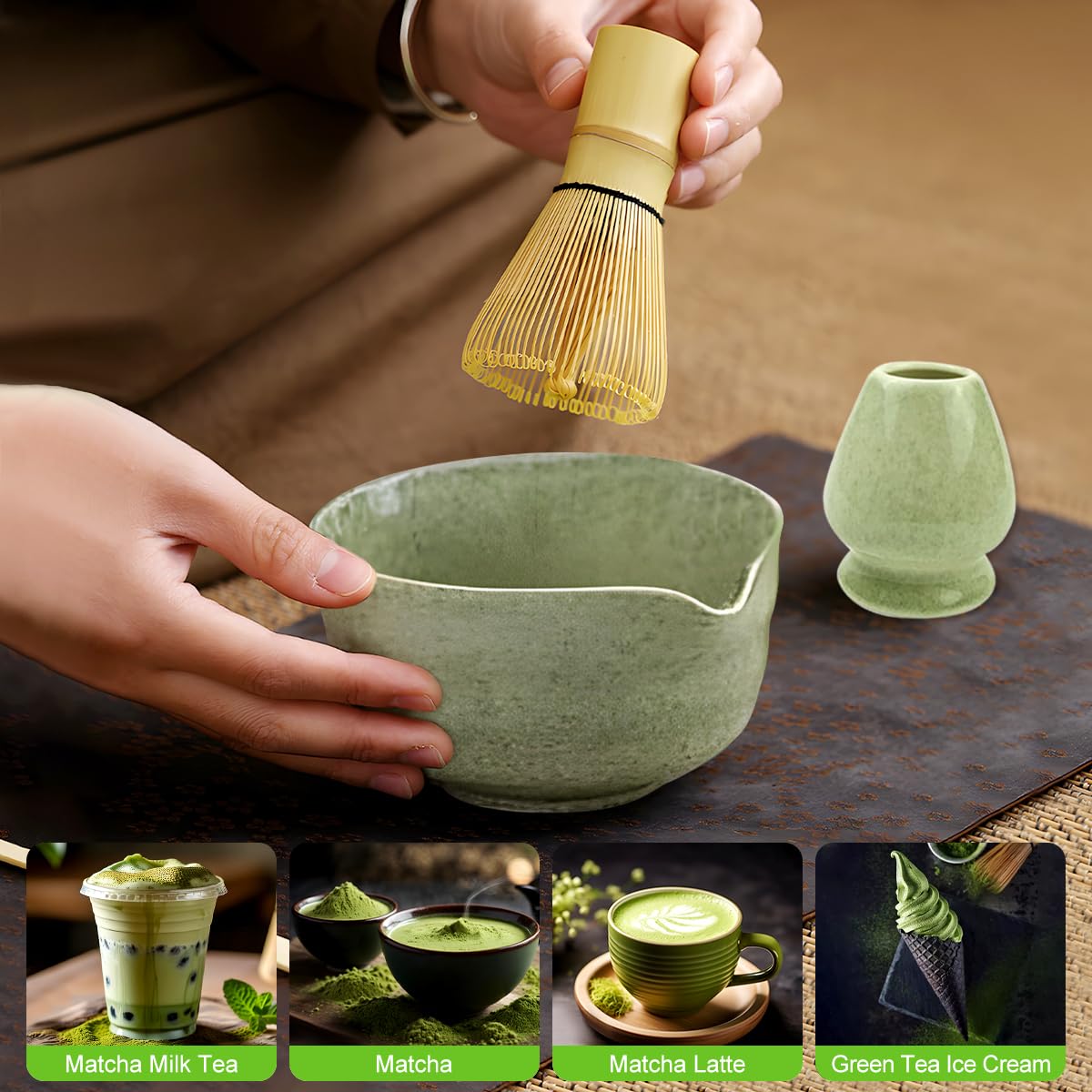 Set Matcha Cerimoniale 4 Pezzi – Matcha Kit Tradizionale con Ciotola, Frustino Bambù, Supporto & Cucchiaino – Kit Matcha per Tè Matcha Giapponese – Ideale per Amanti del Matcha
