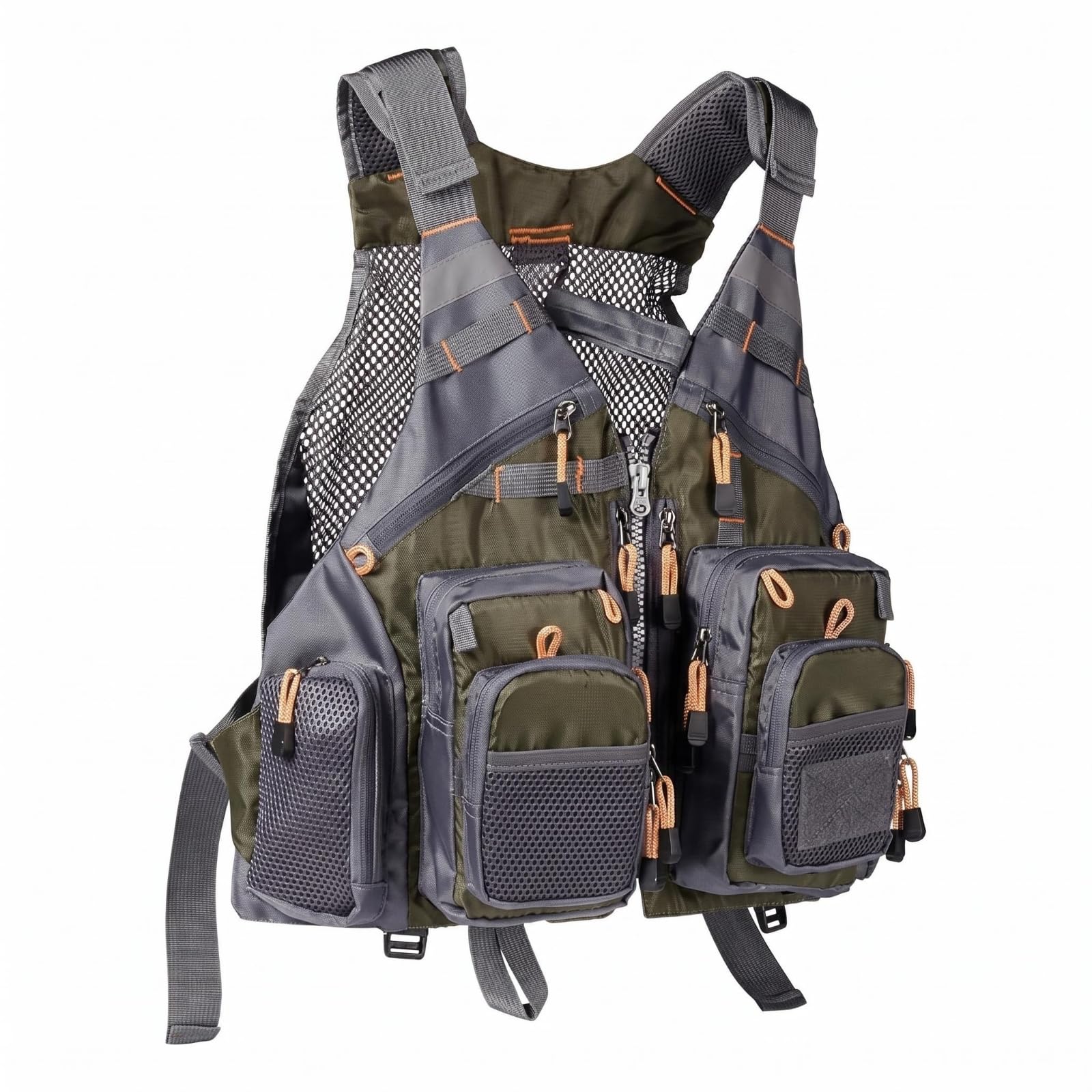 HEAVENGLOW Multiple Pockets Mesh Fishing Vest Front Zipper Sleeveless Fishing Vest Wide Shoulder Straps Outdoor Wear Open Back, Army Green-image-10