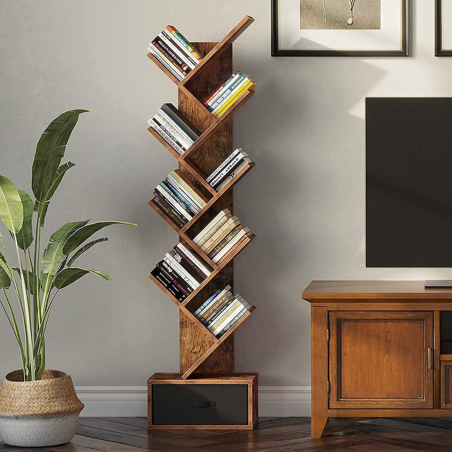 WOODEN GARDEN Solid Sheesham Wood Book Shelf | Wooden Tree Shape Bookshelf | Free Standing Bookcase with Open 8 Shelf & One Drawer Storage | Tall Display Unit Book Stand |Rosewood, Honey Brown Finish-image-38