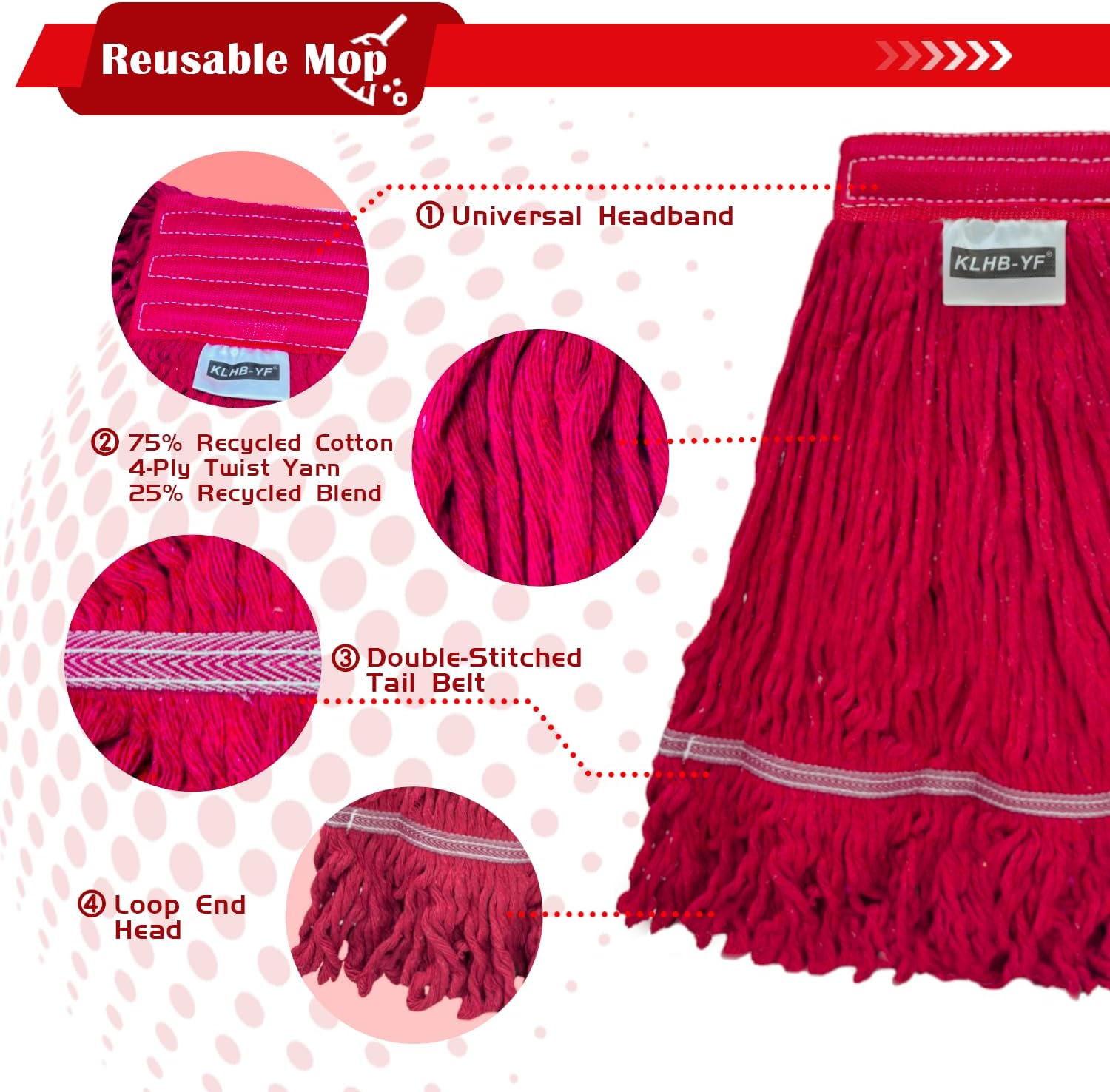 Heavy Duty Commercial String Mop Heads, 3 Pack Cotton Red Mop Head Replacement, Machine Washable Industrial Mop Head Refills for Janitorial, Restaurant, Warehouse & Office Floor Cleaning