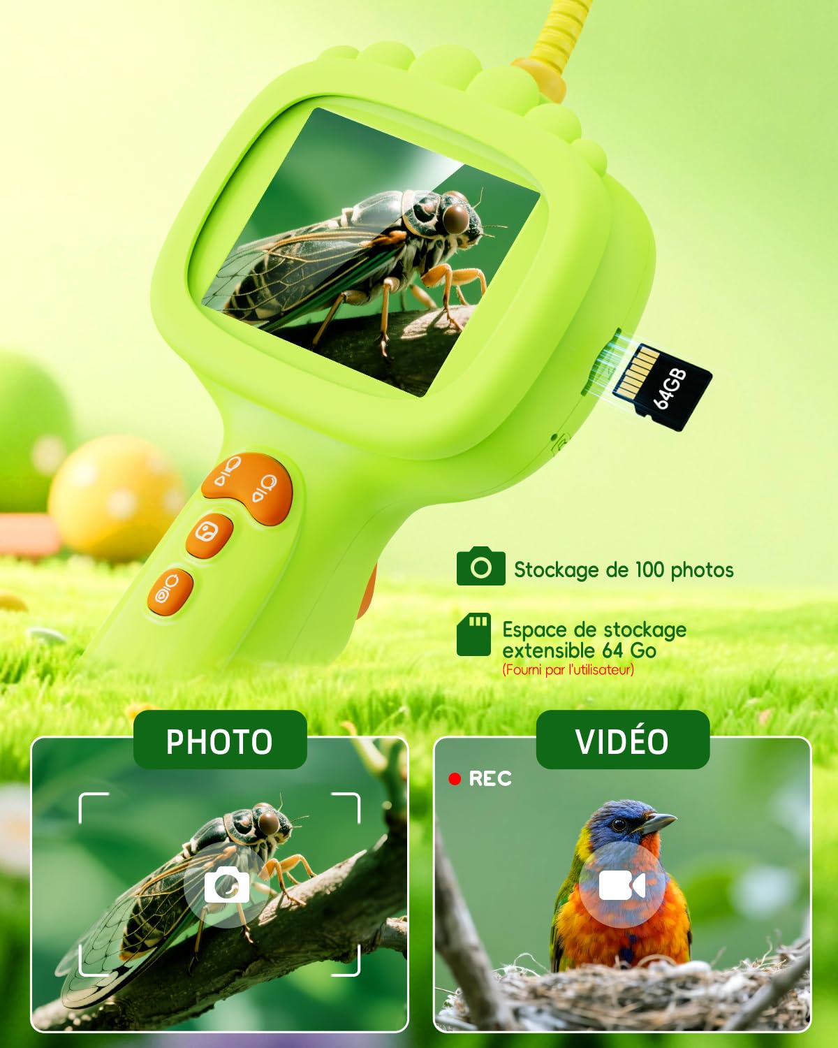 Endoscope pour enfants, Caméra enfant 1080P, Jouet STEM pour exploration extérieure, jardin, camping et nature, Meilleurs cadeaux d'anniversaire pour garçons et filles âgés de 4, 5, 6, 7, 8, 9, 10 ans