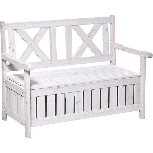 Outsunny Patio Wooden Bench with Storage Box, 29 Gallon Outdoor Storage Bench, Large Entryway Deck Box w/Unique X-Shape Back, for Deck, Porch & Balcony, White