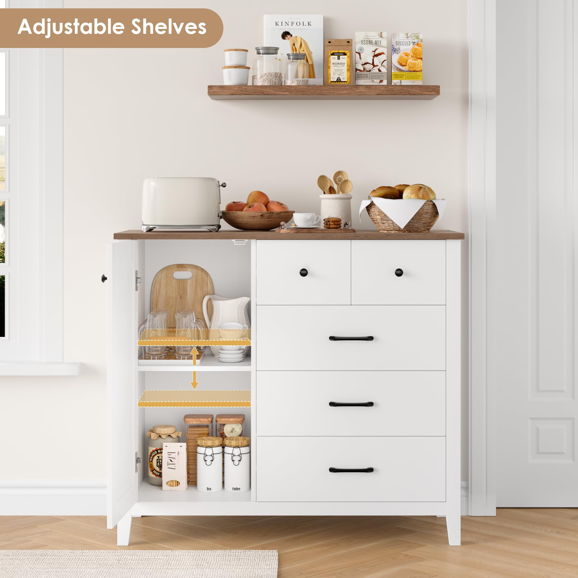 HOCSOK Credenza Cucina con 5 Cassetti e 1 Porta, Mobile Ingresso in Legno | Ripiano Regolabile, Madia Soggiorno Moderna con Piano, 108 x 82,5 x 39 cm, per Soggiorno, Cucina e Ingresso, Bianco e Marrone