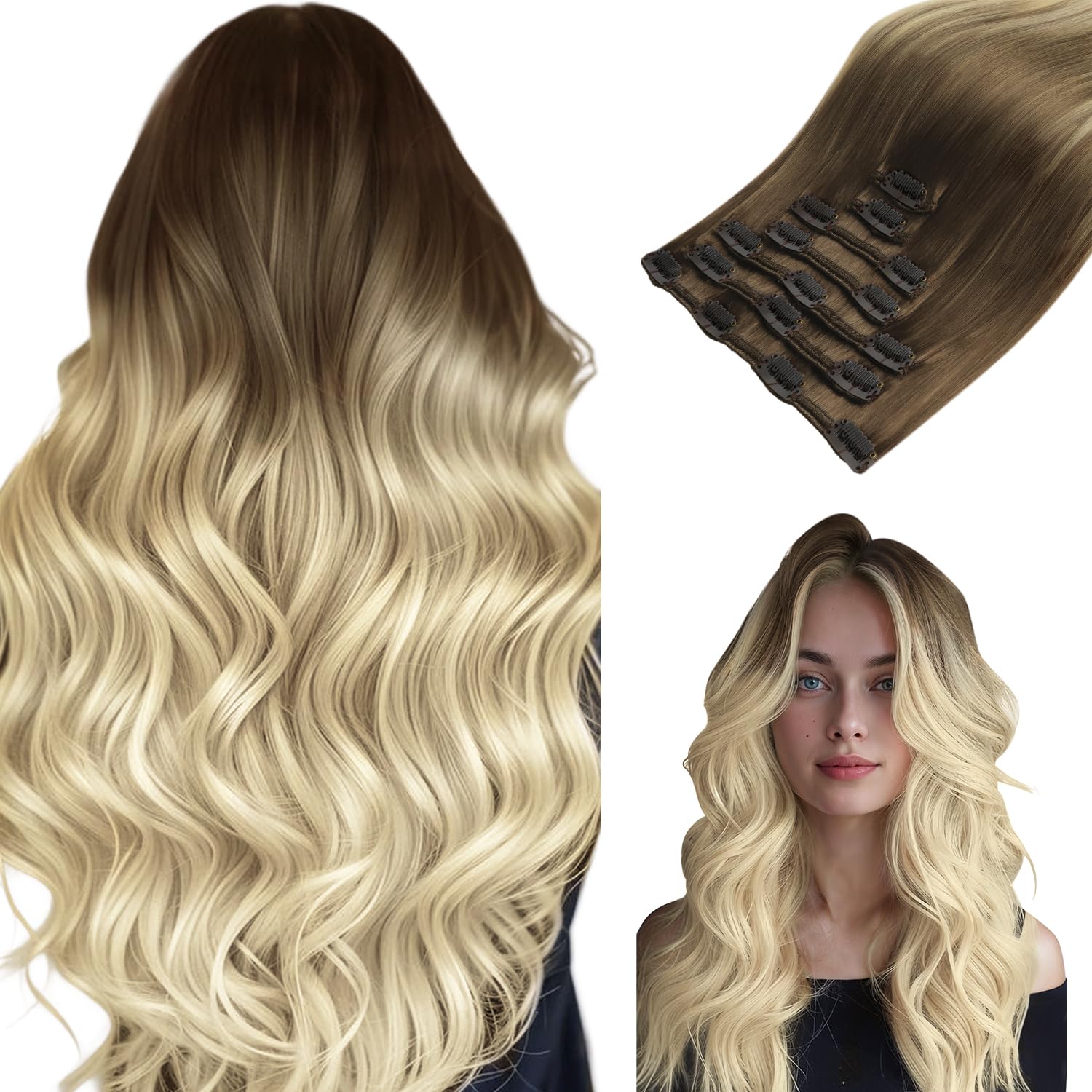 HOTBANANA Extension Capelli Veri Clip, Da Castano Cenere a Biondo Platino Extension Clip Capelli Veri 35cm 7pcs Remy Umani Naturali Capelli Extensions 120g