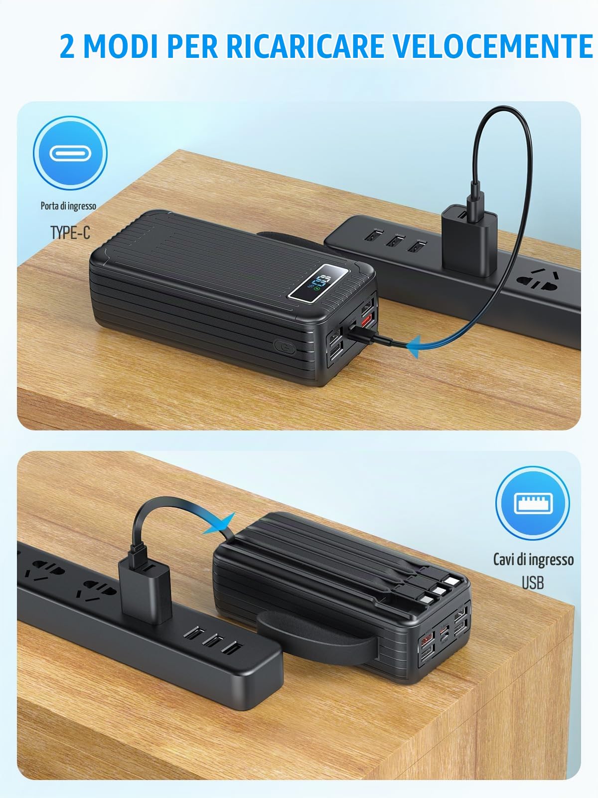 60000mAh Power Bank con cavo, 30W Powerbank PD USB C funzione di ricarica rapida Batteria esterna con display a LED, 7 uscite e 2 ingressi