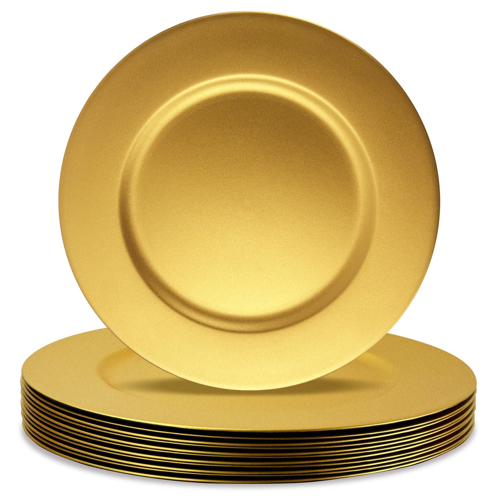 cheardia 12 pack plastic gold charger plates, 13 inch round decorative serving dinner charger plate bulk for wedding, catering, parties, restaurant, home