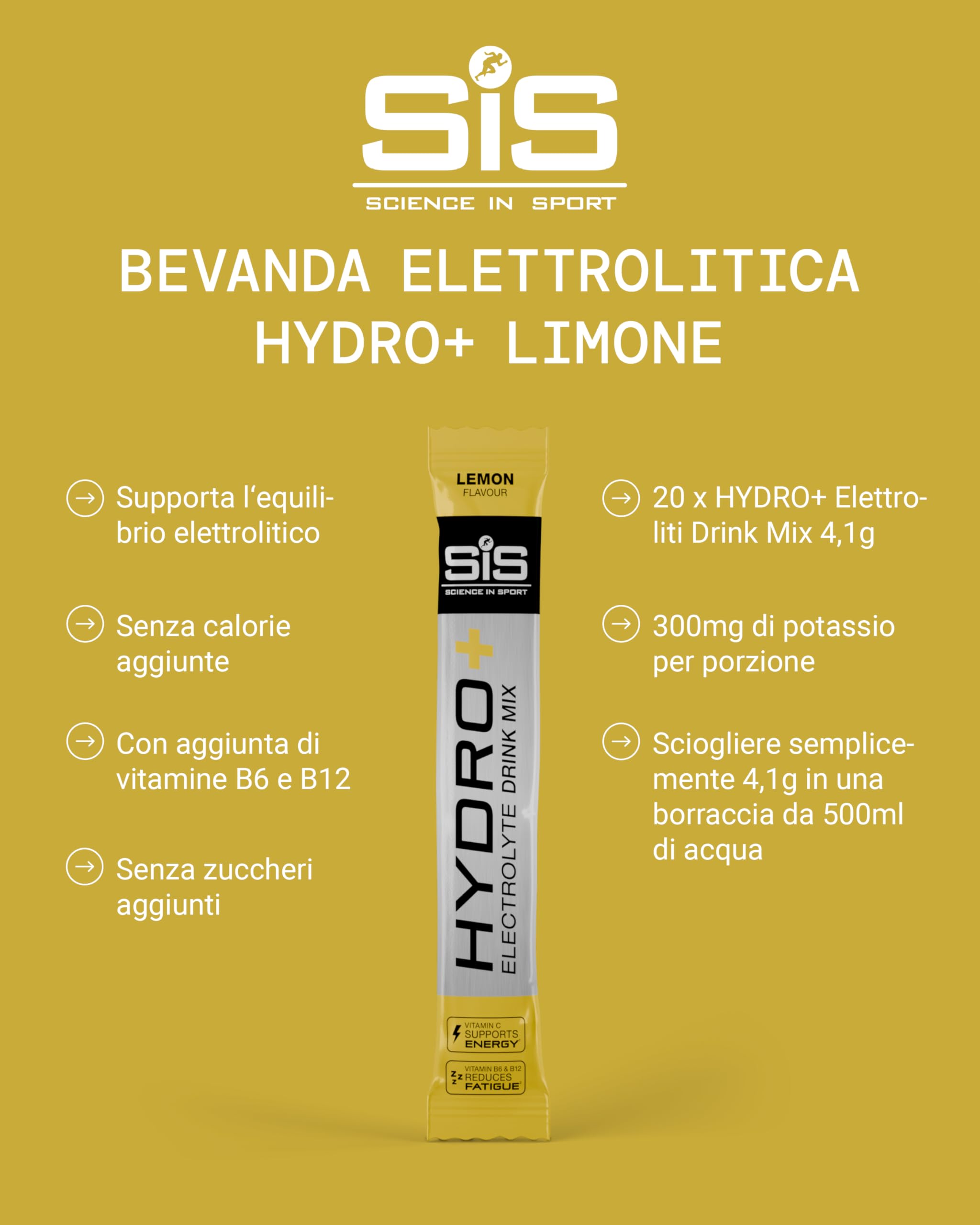 Science in Sport HYDRO+ Electrolyte Drink Mix 20x4,1g Limone - Elettroliti in polvere vegani, Bevanda sportiva con vitamina C e 5 importanti elettroliti