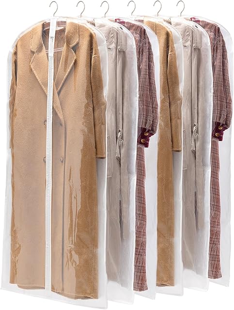 Paquet de 6 60Inch Sacs de vêtements pour vêtements suspendus Sac de robe de robe, sac de vêtements de mariage avec fermeture éclair pour robes de soirée, manteau souple, rangement de placard (blanc)