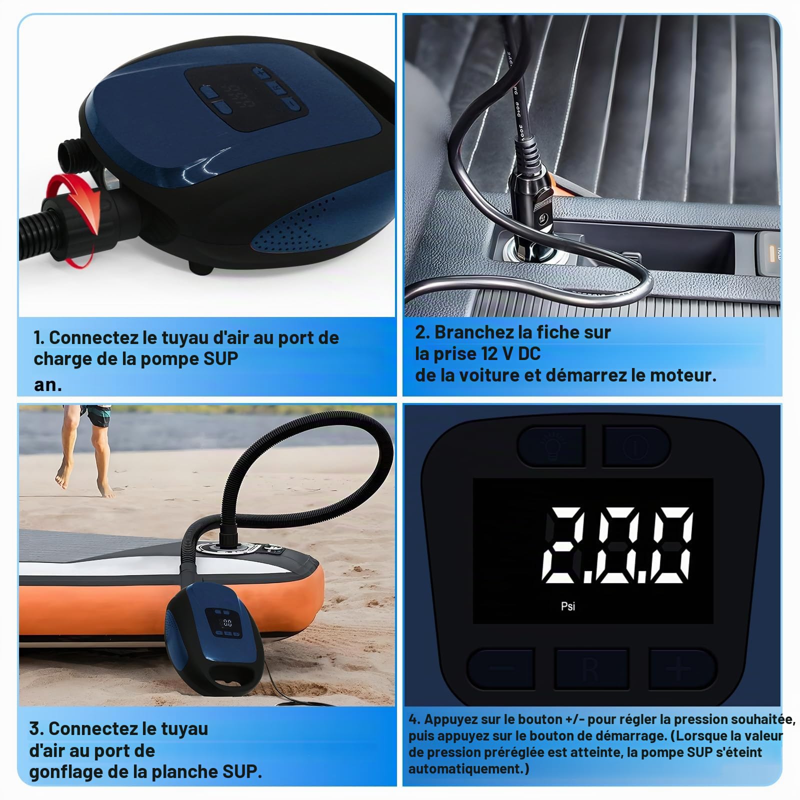 Pompe électrique Sup – Pompe à planche à pagaie de 20 psi avec 6 buses, fonction d'arrêt automatique intelligent à double étape, fonction de dégonflage, connecteur de voiture 12 V DC, pompe pour