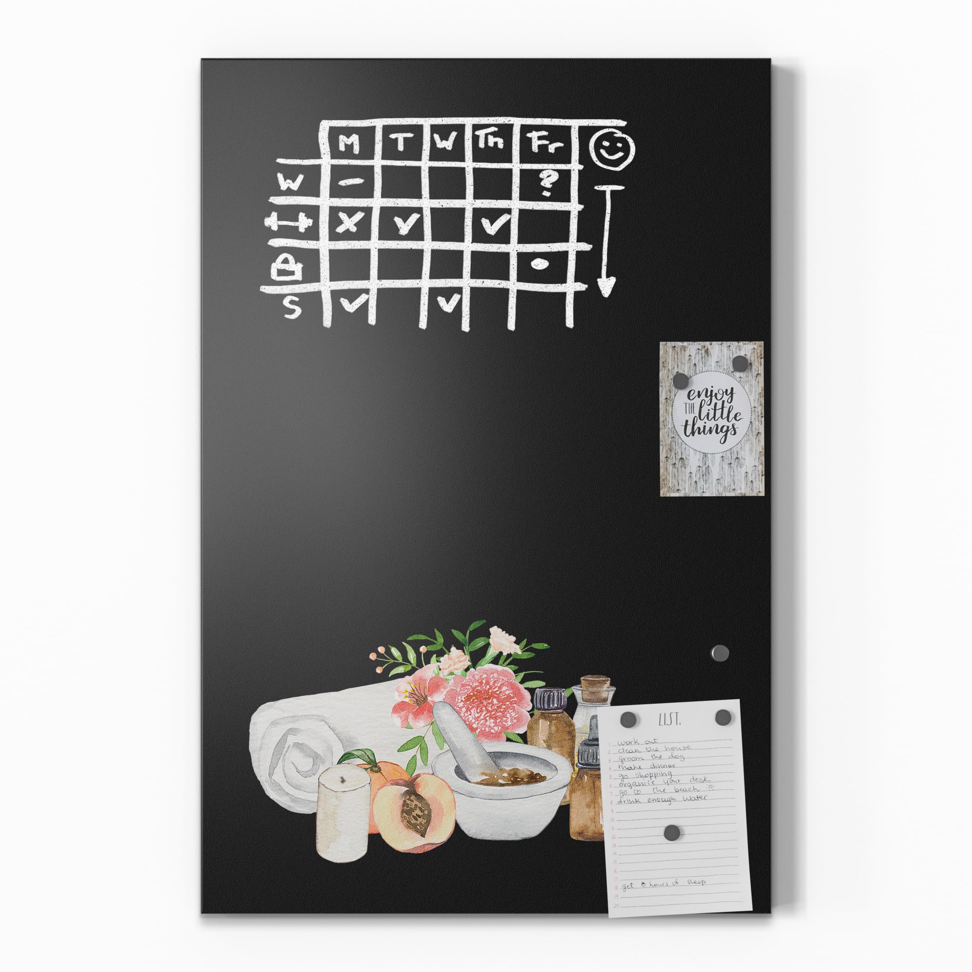 DEQORI Magnetische Kreidetafel mit UV-Druck | Motiv Wellnessmomente | Design rechteckig 40x60 cm | Kreide Metalltafel beschreibbar – Wanddeko für Küche, Flur, Kinderzimmer & Büro